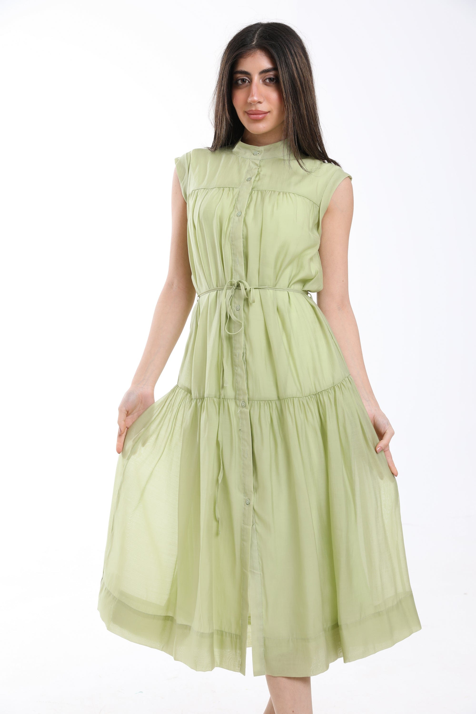 ميكا فستان ميدي سادة بأزرار أمامية كم قصير نسائي