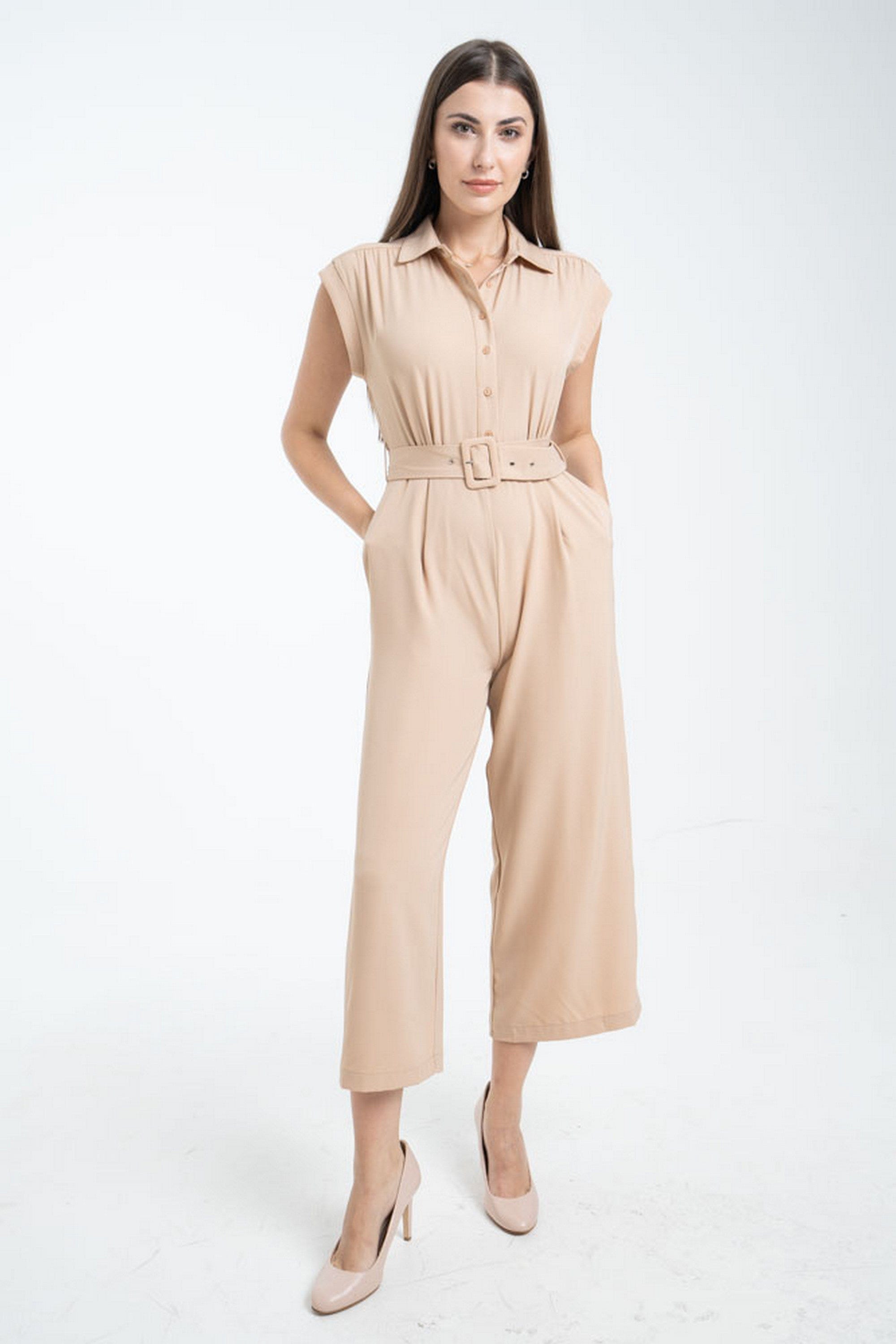 ميكا جمبسوت سادة بأزرار أمامية حزام على الخصر نسائي