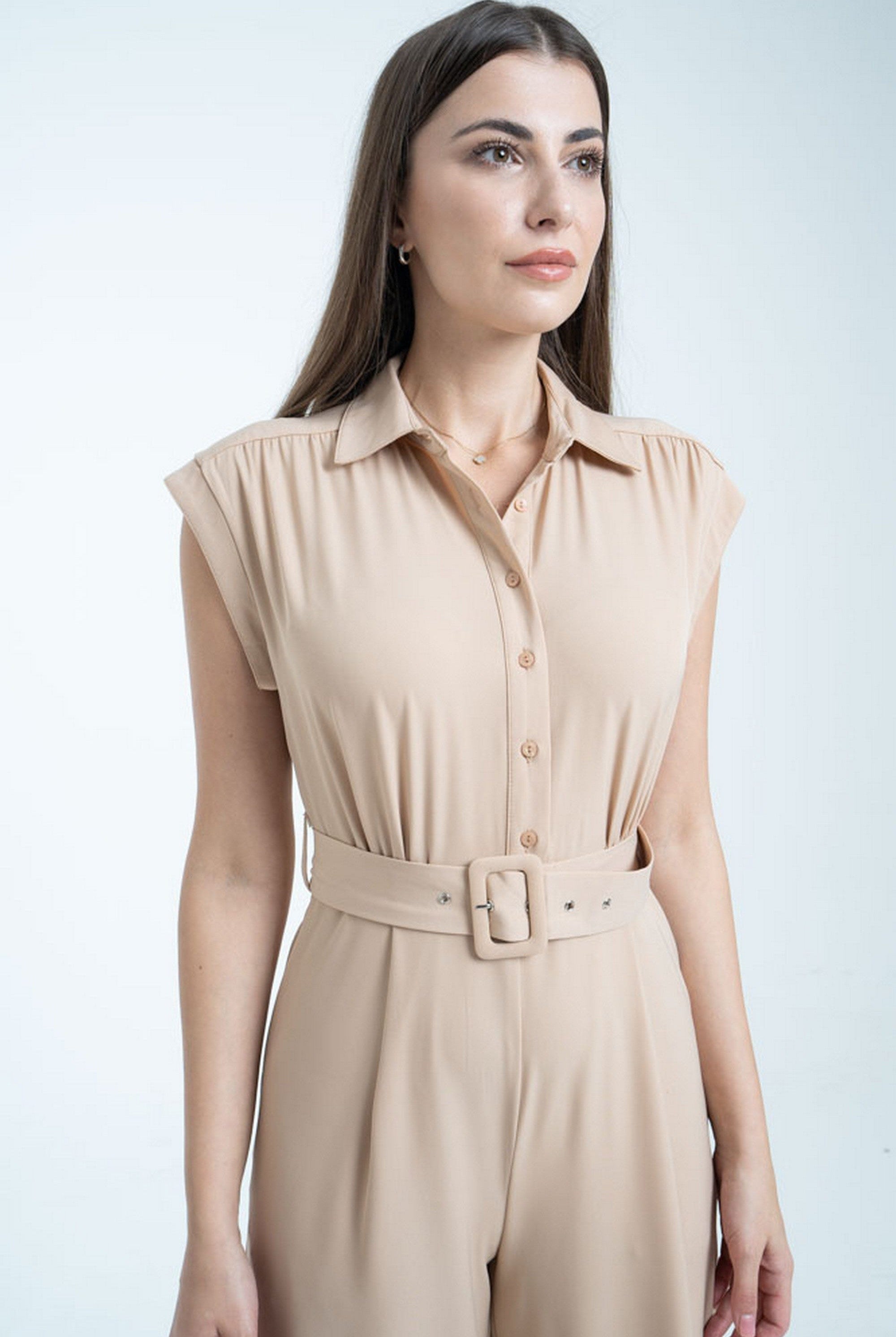 ميكا جمبسوت سادة بأزرار أمامية حزام على الخصر نسائي