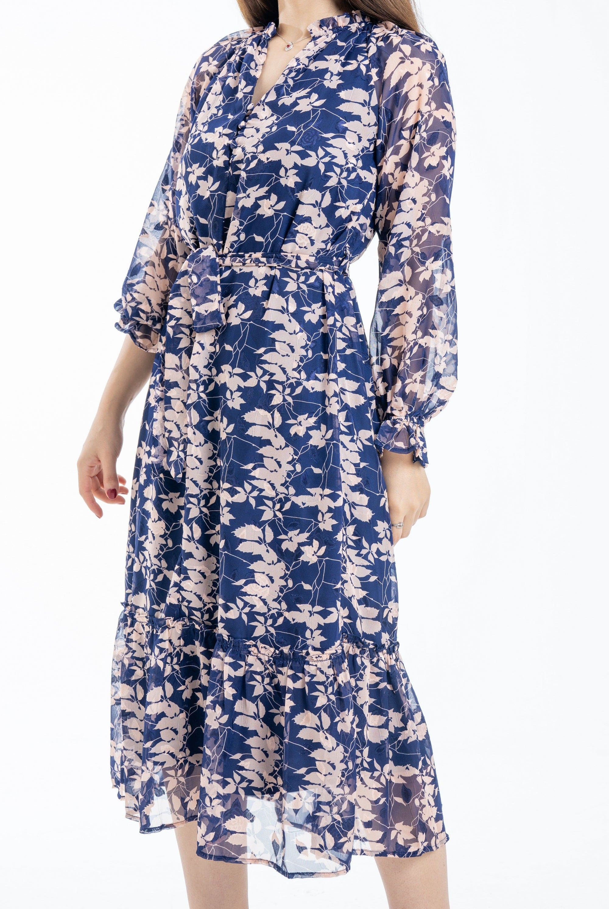 ميكا فستان ميدي مشجر بحزام على الوسط بفتحة سبعة نسائي