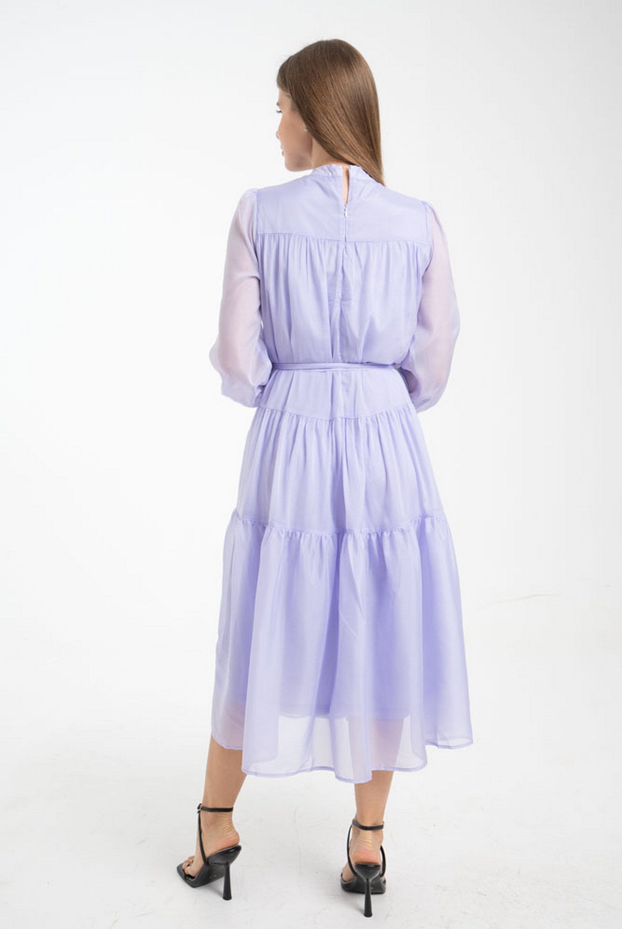 ميكا فستان سادة ميدي مخصر طبقات كم طويل نسائي