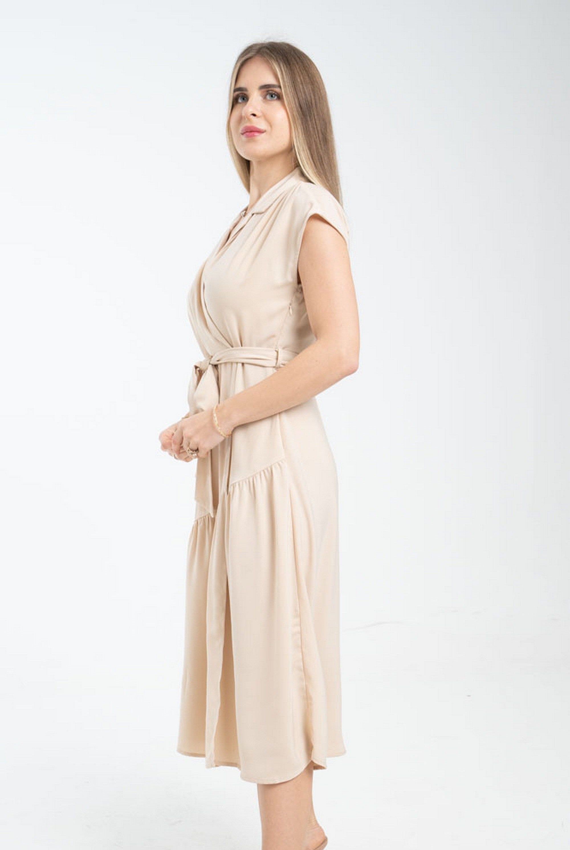 ميكا فستان سادة لف مخصر بياقة سبعة كم قصير نسائي