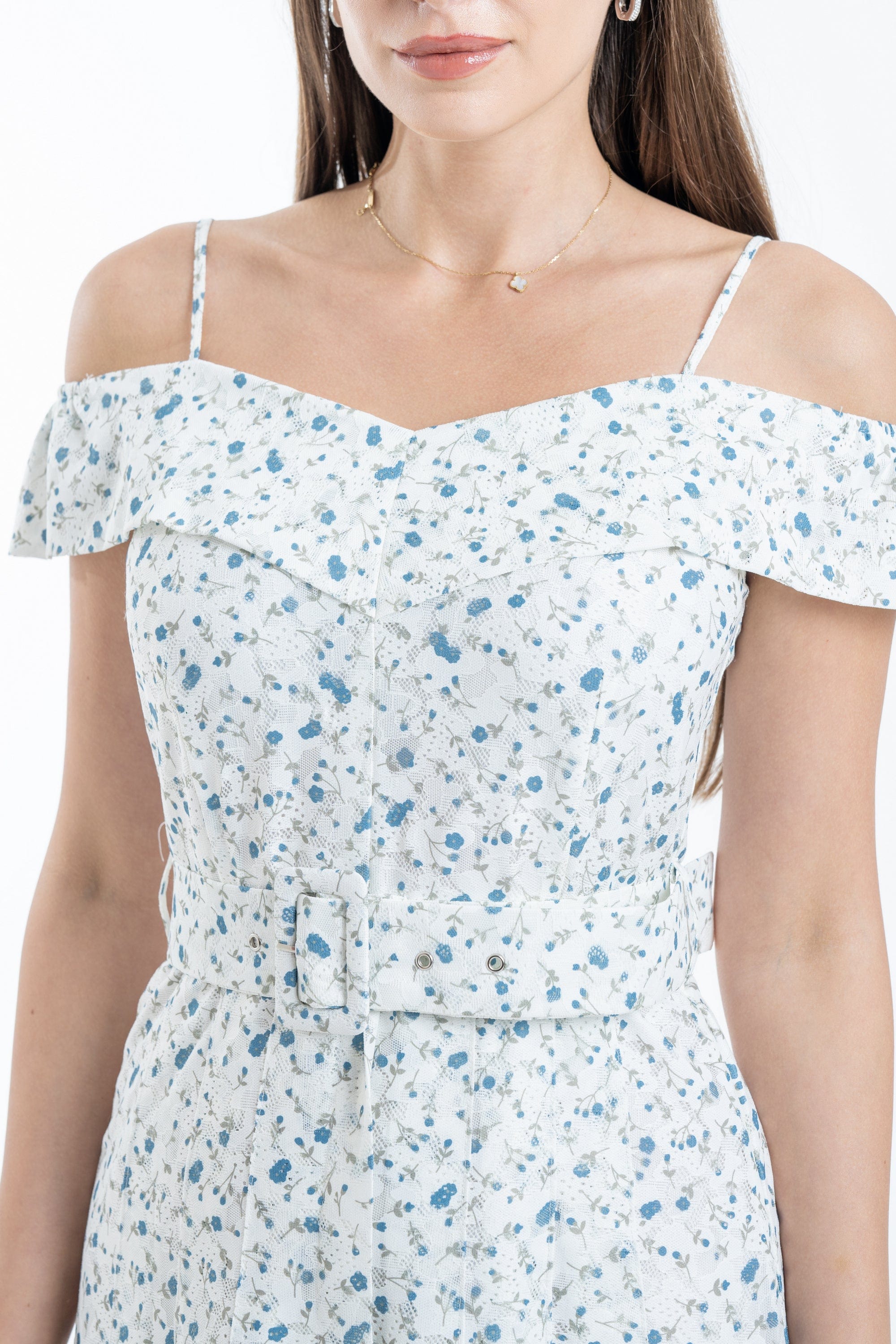 ميكا فستان ميدي مشجر مخصر بحزام على الخصر أوف شولدر حمالات نسائي