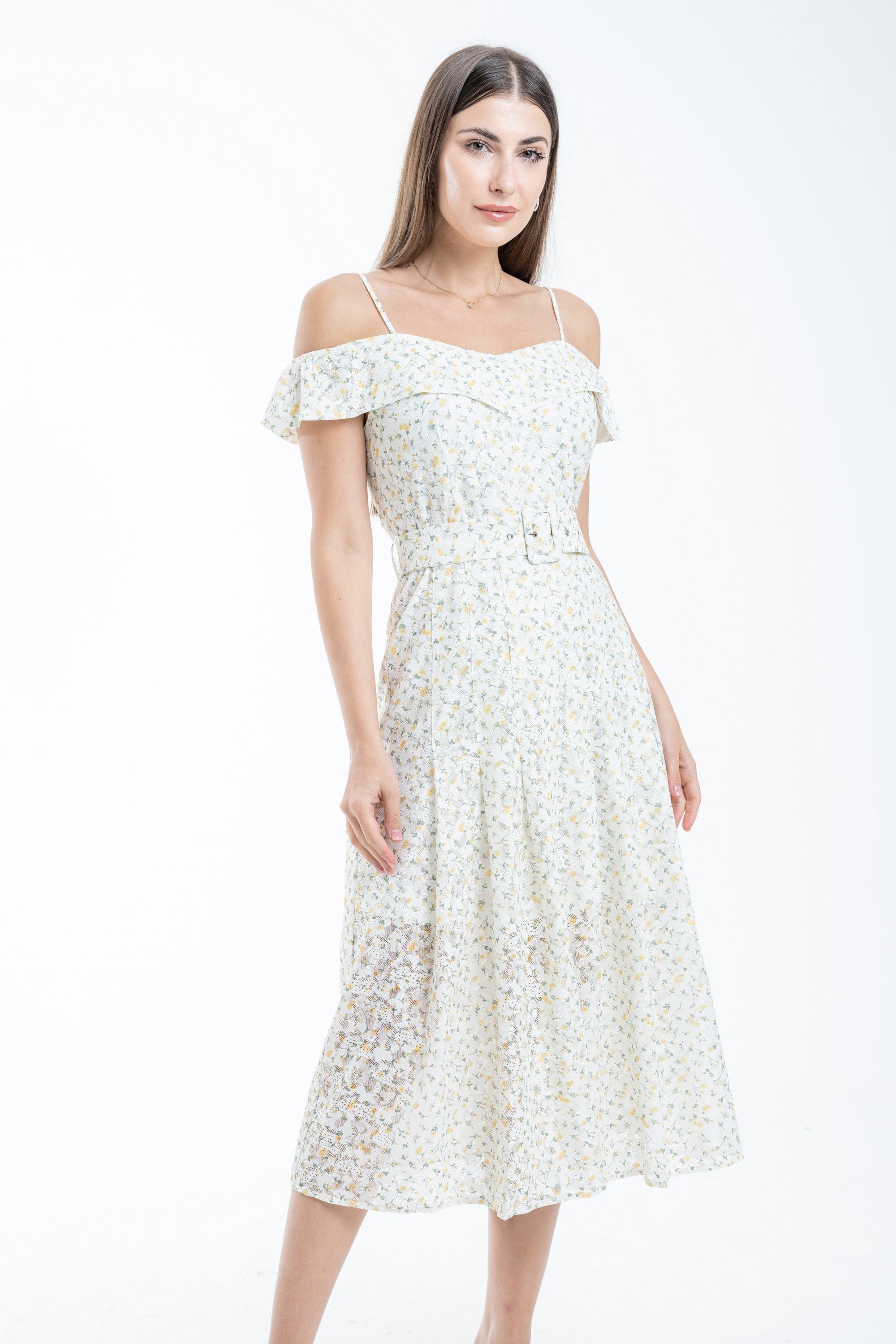 ميكا فستان ميدي مشجر مخصر بحزام على الخصر أوف شولدر حمالات نسائي