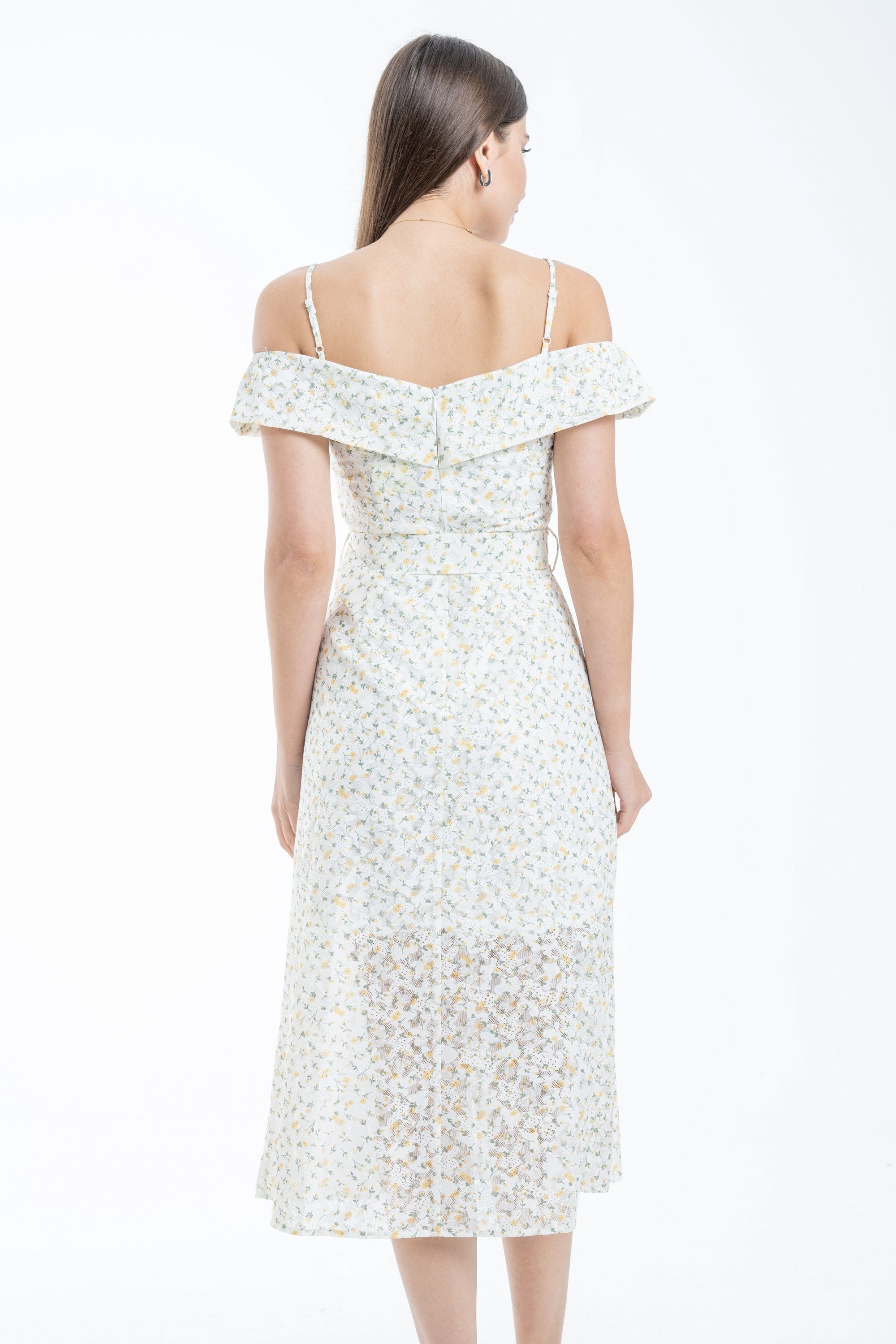 ميكا فستان ميدي مشجر مخصر بحزام على الخصر أوف شولدر حمالات نسائي