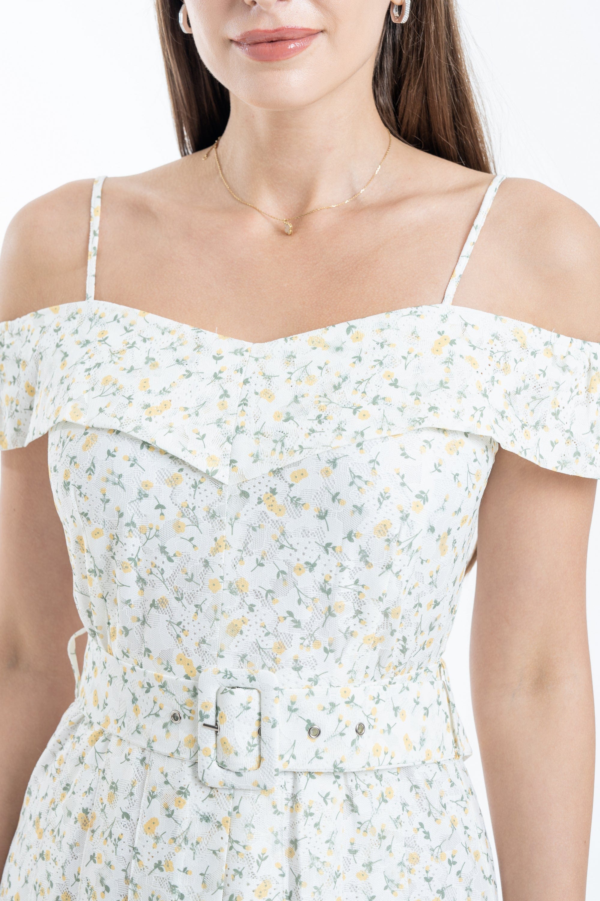 ميكا فستان ميدي مشجر مخصر بحزام على الخصر أوف شولدر حمالات نسائي