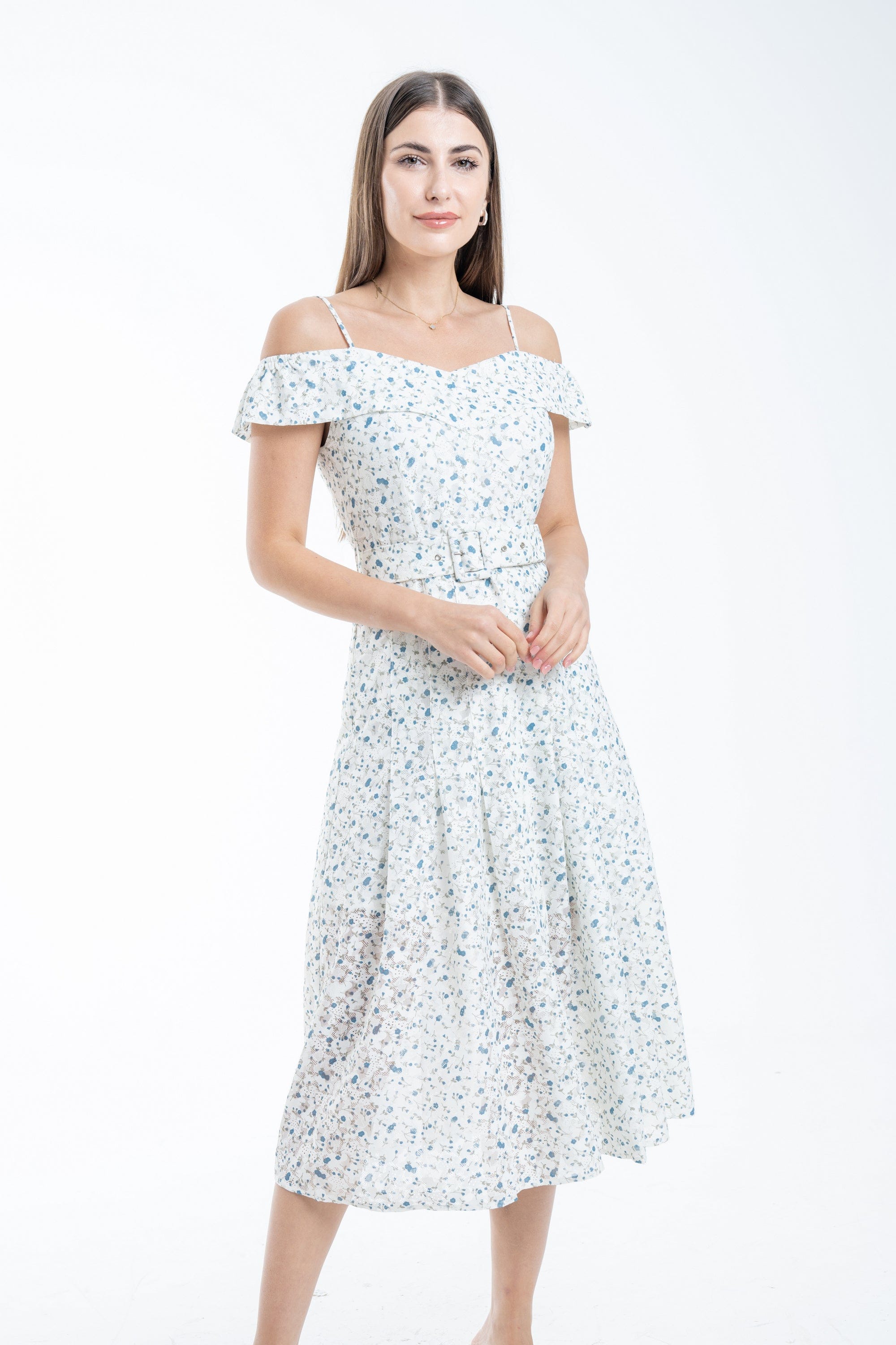 ميكا فستان ميدي مشجر مخصر بحزام على الخصر أوف شولدر حمالات نسائي