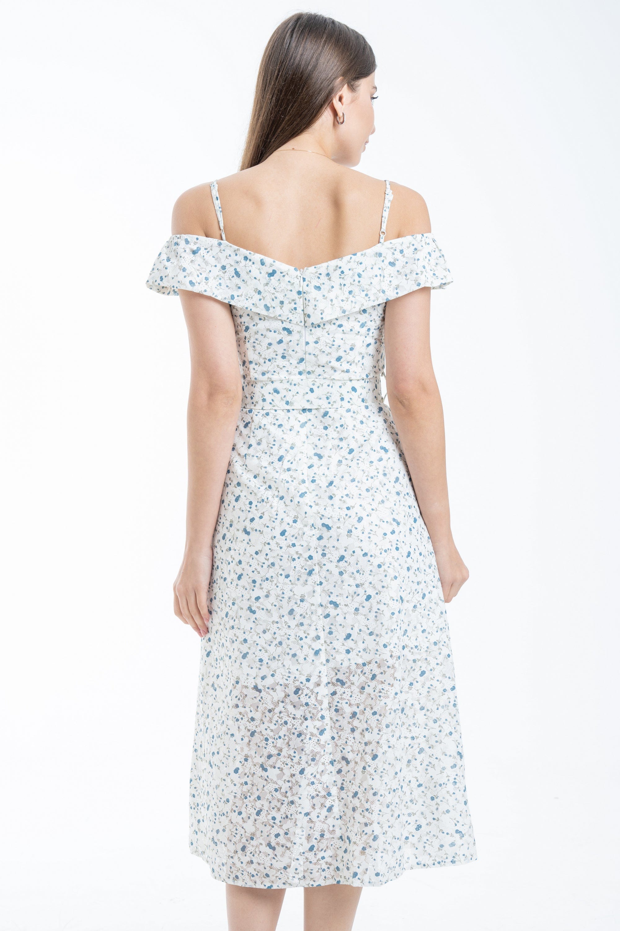 ميكا فستان ميدي مشجر مخصر بحزام على الخصر أوف شولدر حمالات نسائي