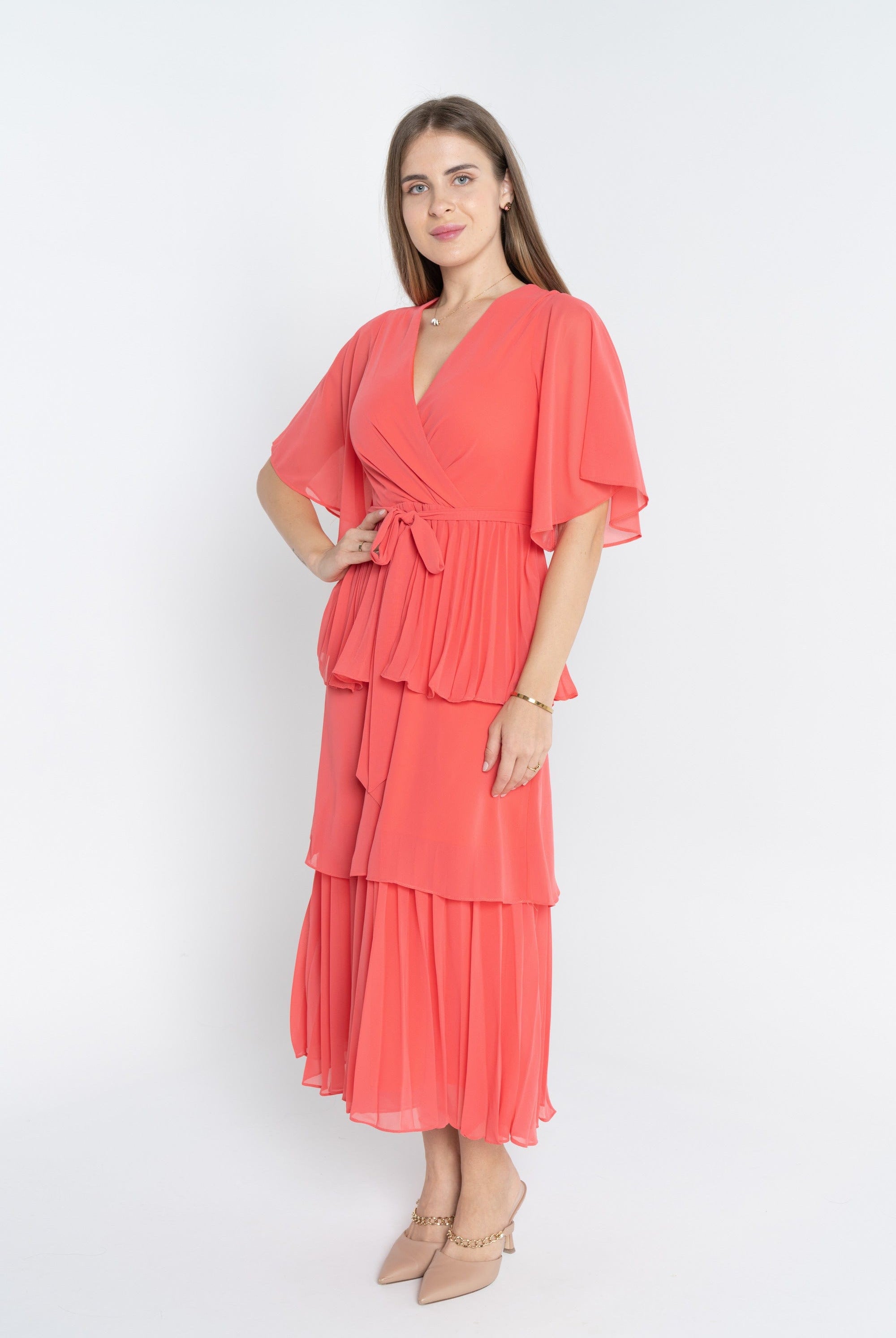 ميكا فستان ميدي سادة بحزام على الخصر كم قصير واسع نسائي