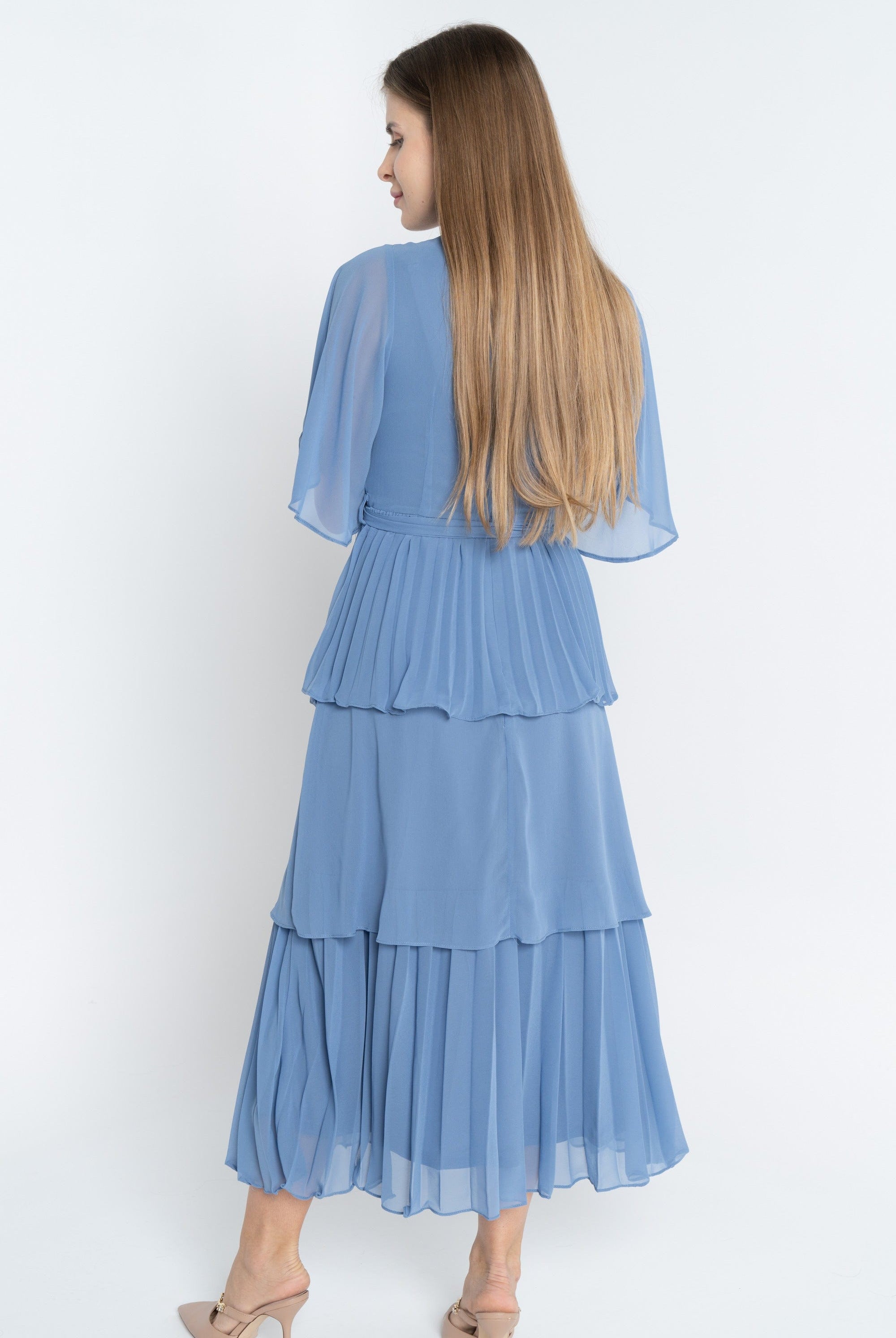 ميكا فستان ميدي سادة بحزام على الخصر كم قصير واسع نسائي