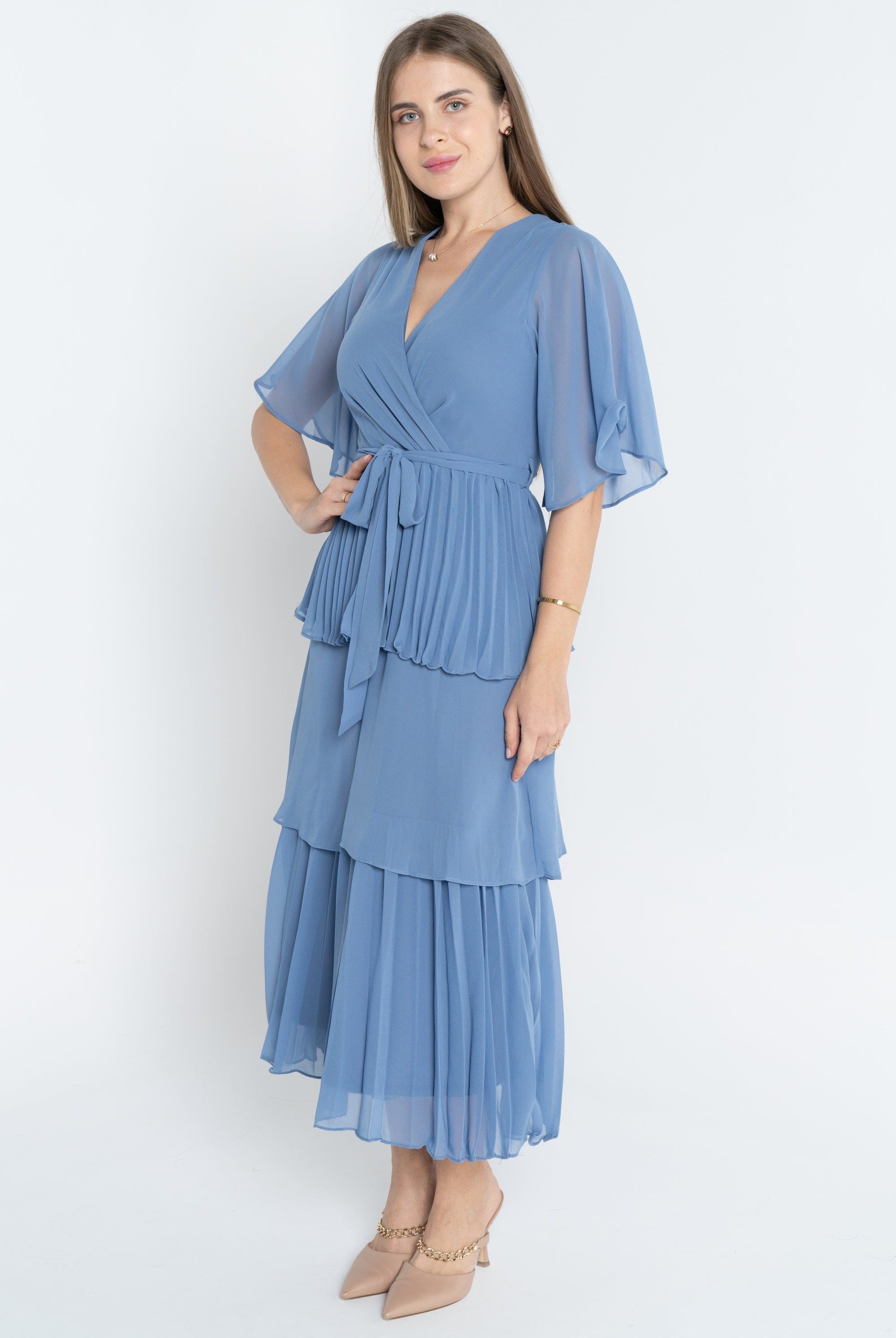 ميكا فستان ميدي سادة بحزام على الخصر كم قصير واسع نسائي