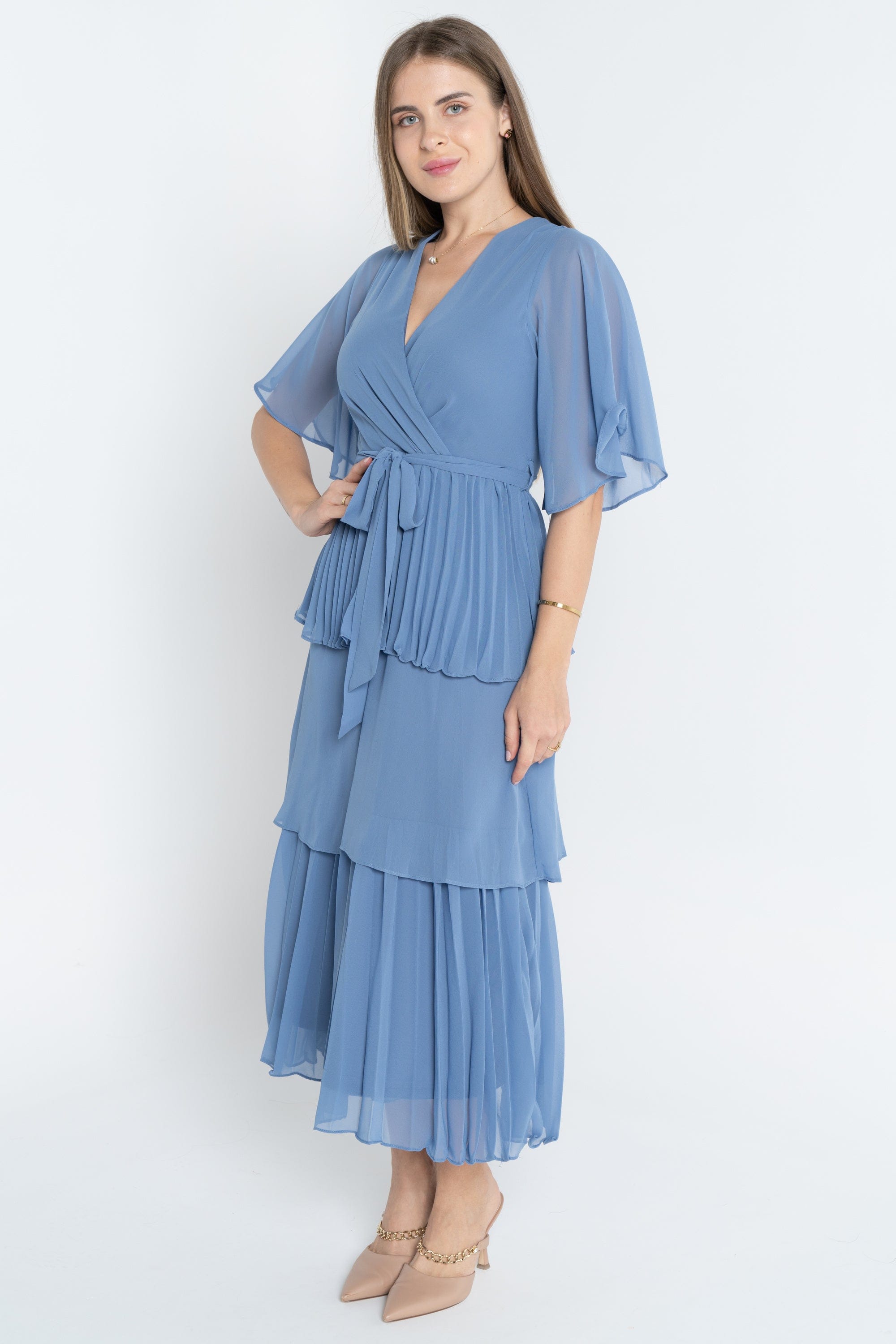 ميكا فستان ميدي سادة بحزام على الخصر كم قصير واسع نسائي