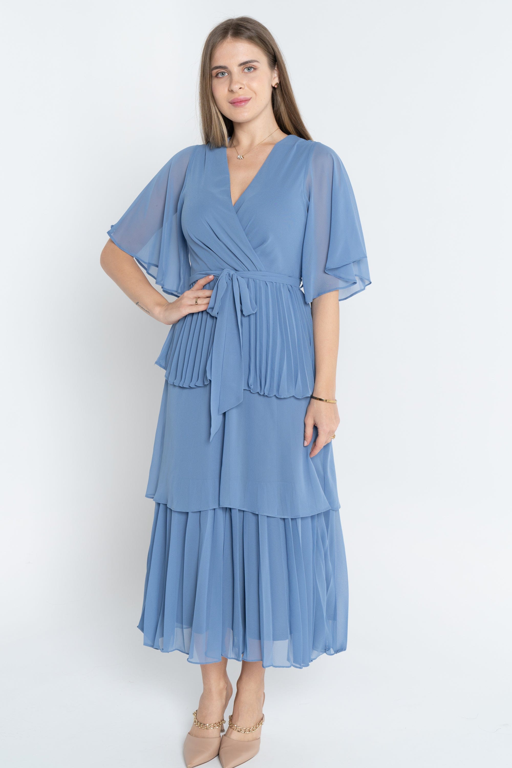 ميكا فستان ميدي سادة بحزام على الخصر كم قصير واسع نسائي