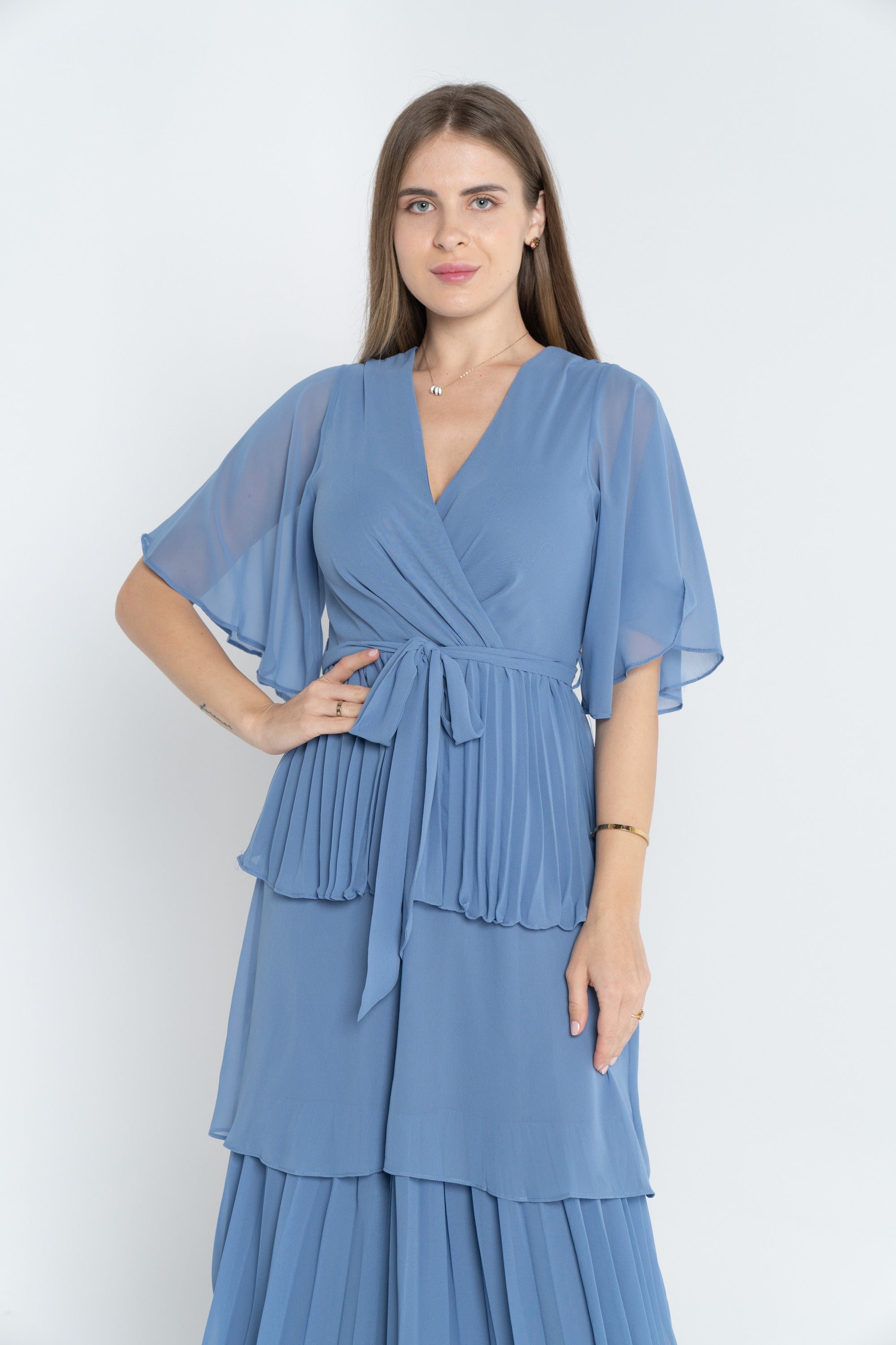 ميكا فستان ميدي سادة بحزام على الخصر كم قصير واسع نسائي