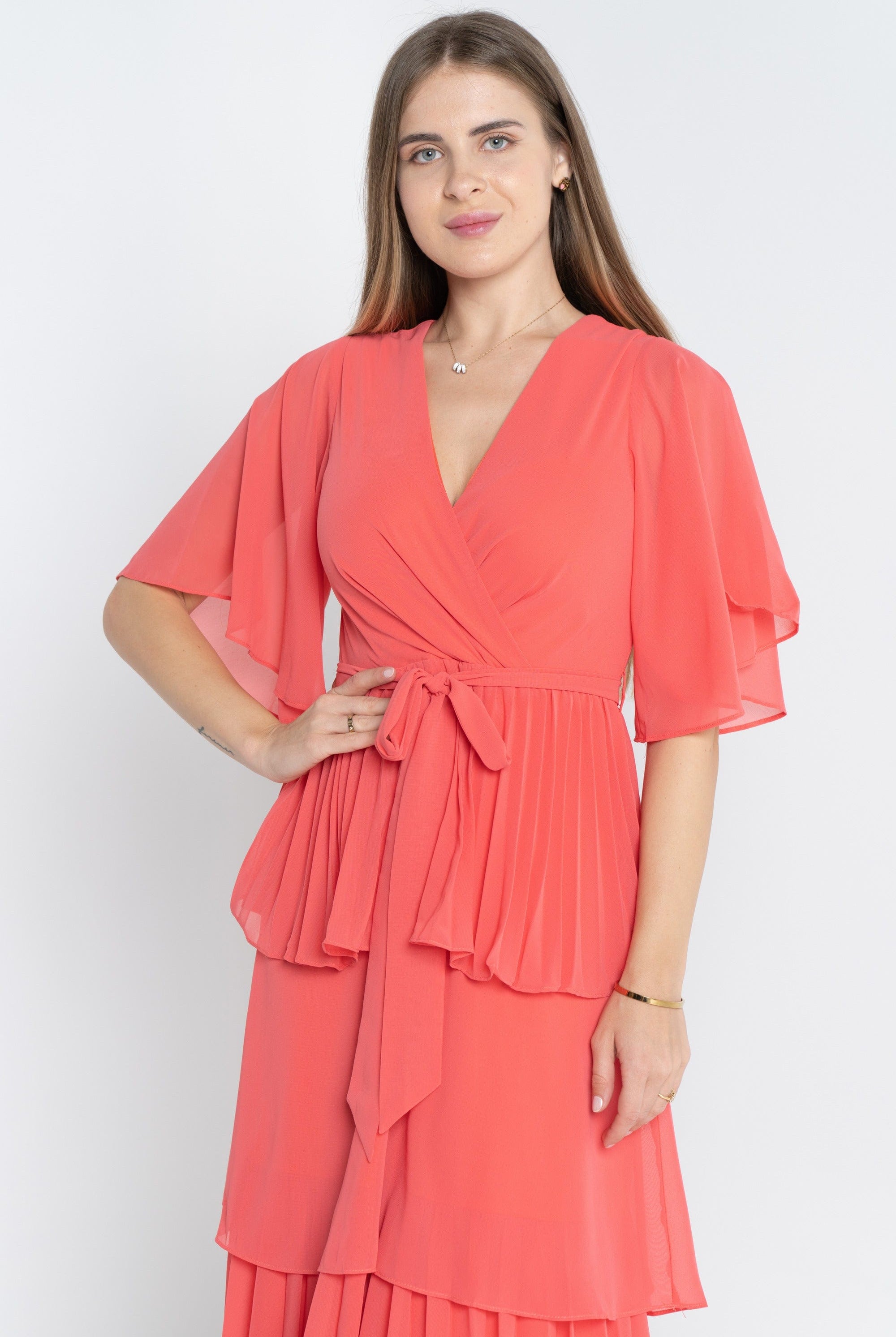 ميكا فستان ميدي سادة بحزام على الخصر كم قصير واسع نسائي