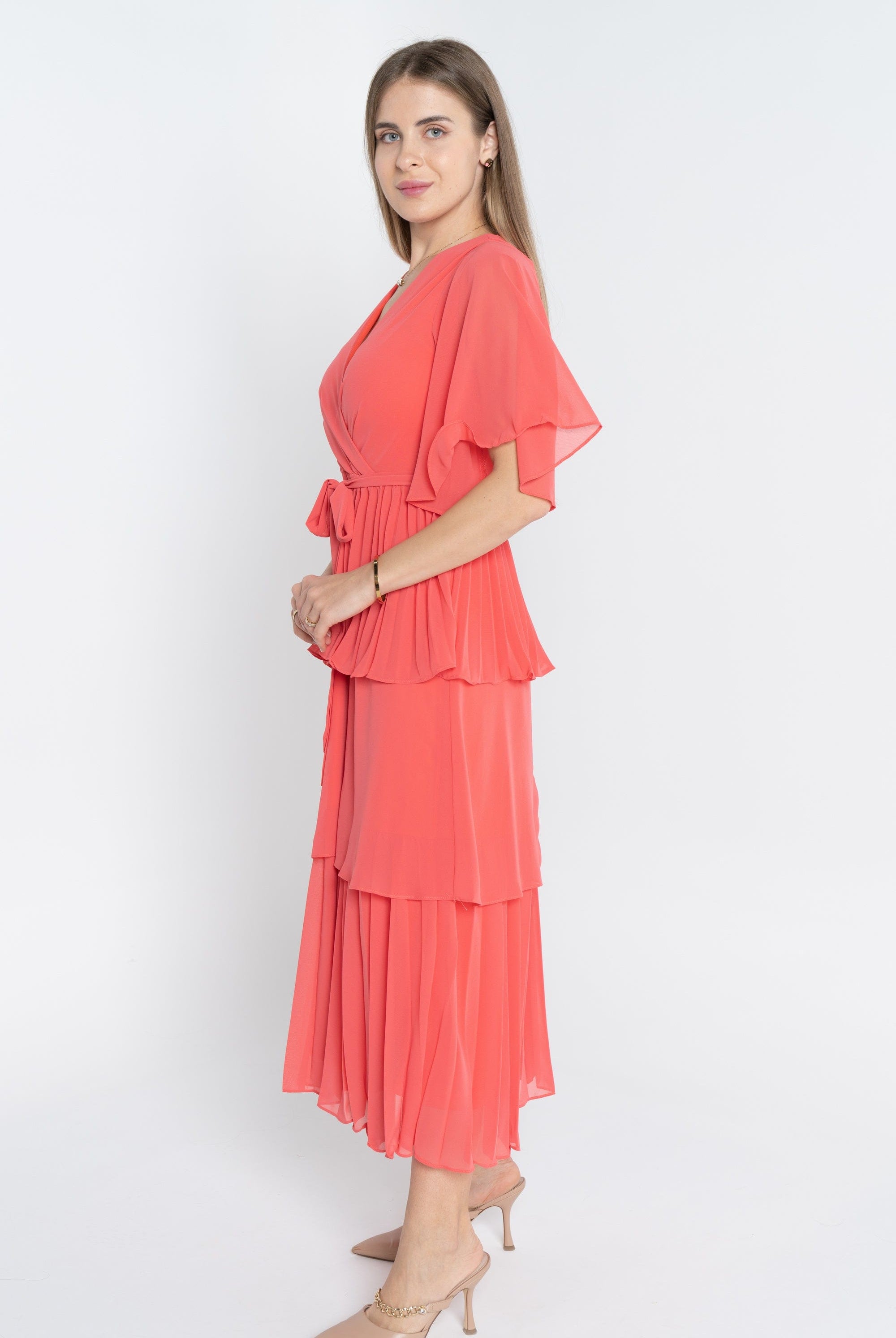 ميكا فستان ميدي سادة بحزام على الخصر كم قصير واسع نسائي