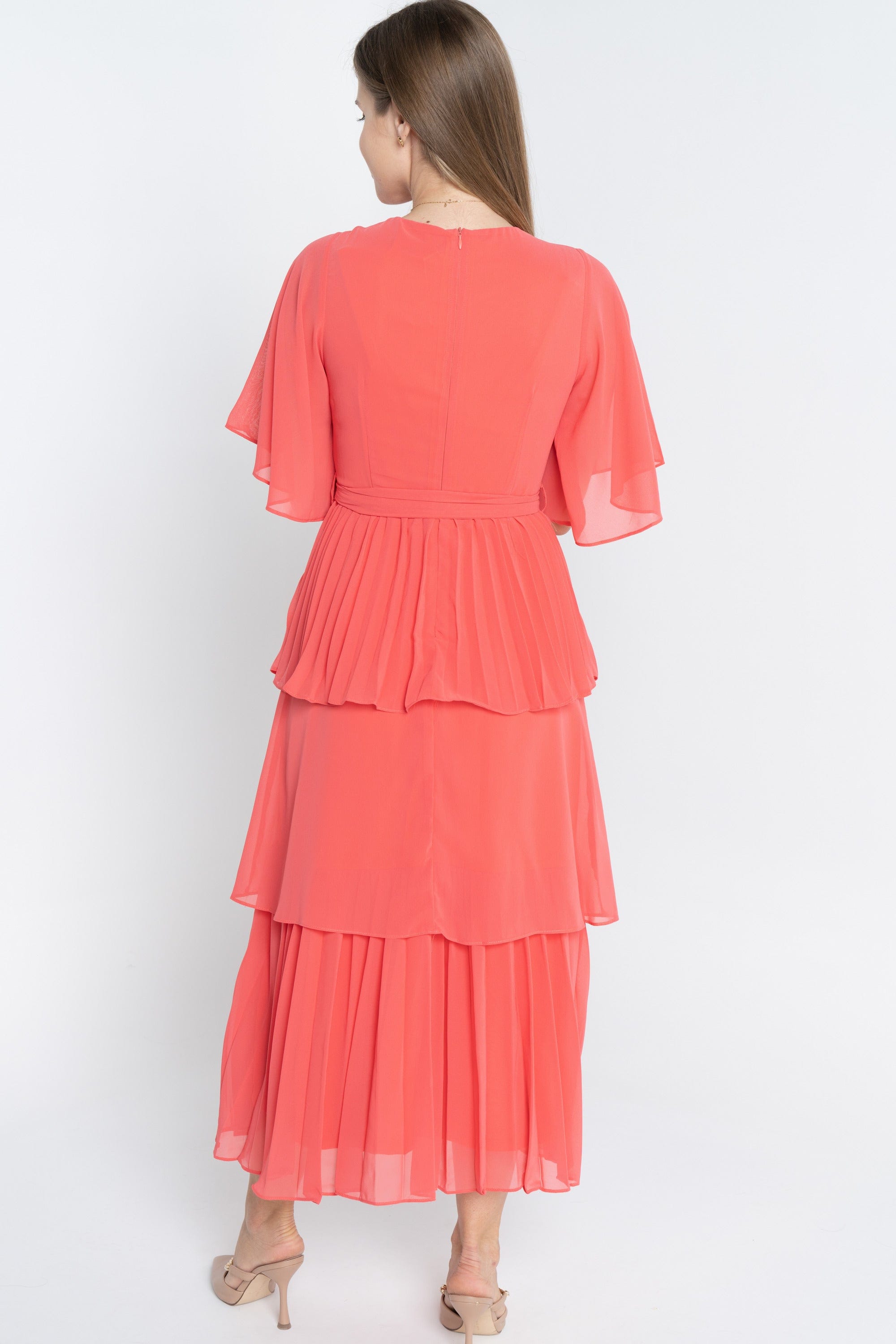 ميكا فستان ميدي سادة بحزام على الخصر كم قصير واسع نسائي