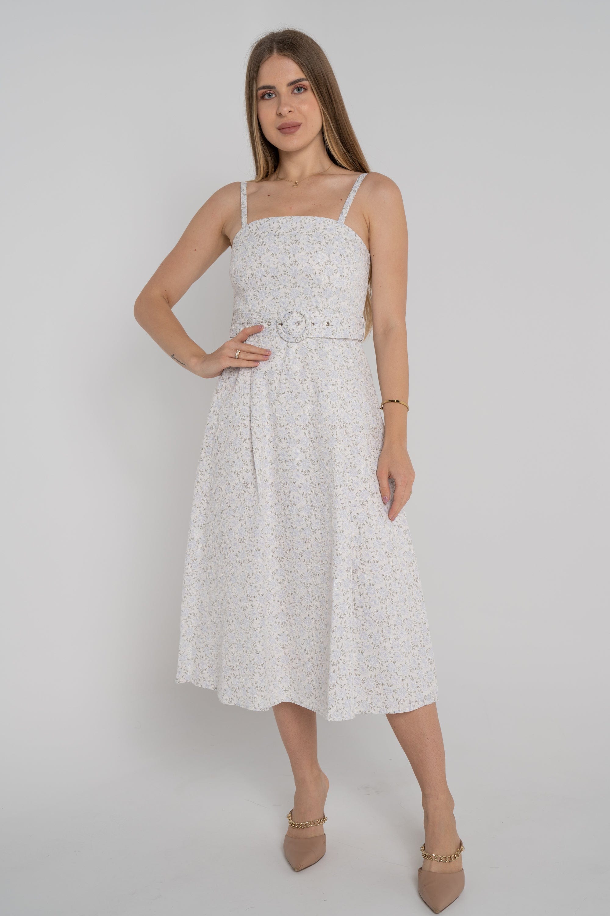 ميكا فستان ميدي بدون أكمام بحمالات وحزام خصر أرجواني