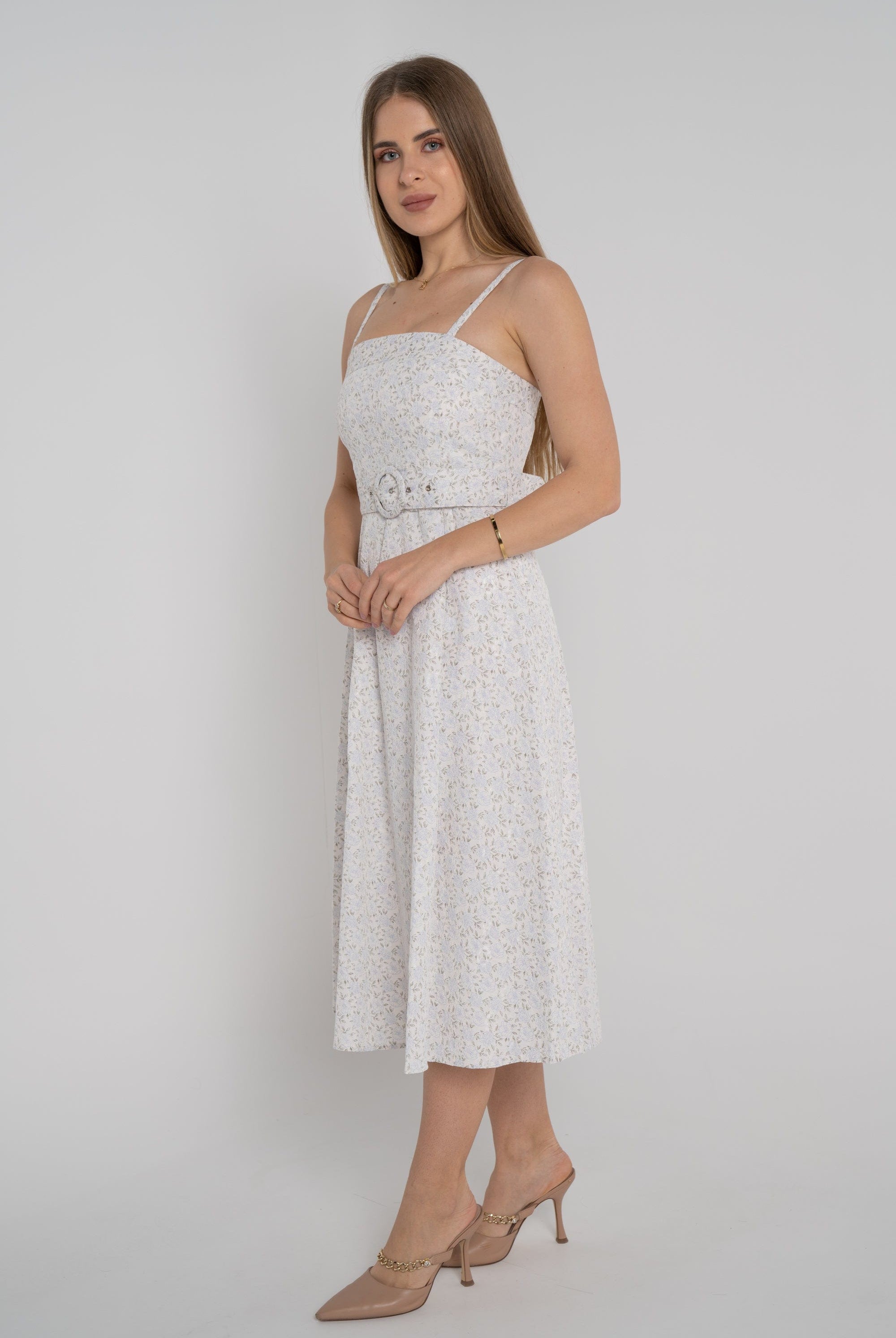 ميكا فستان ميدي بدون أكمام بحمالات وحزام خصر أرجواني