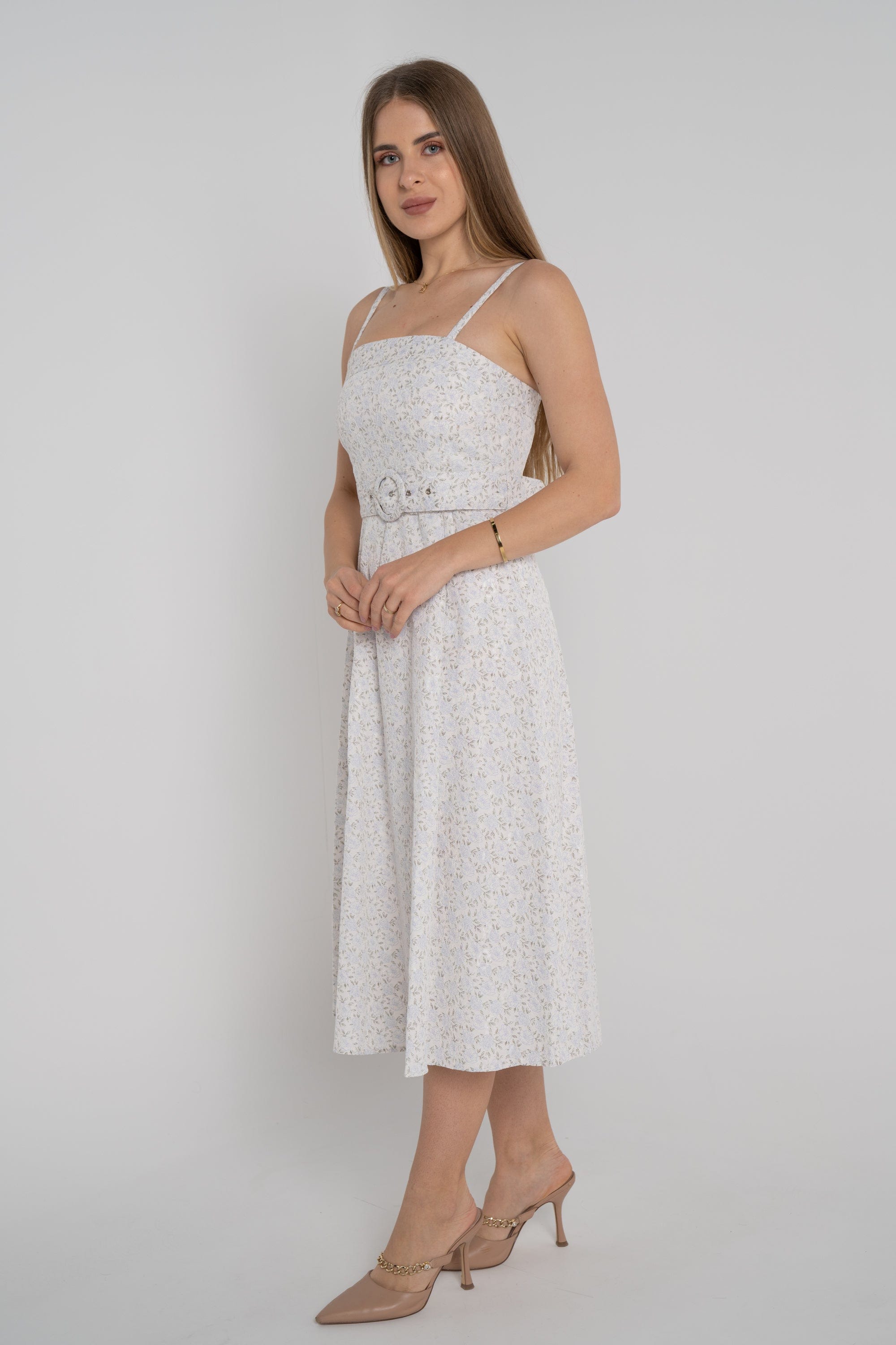 ميكا فستان ميدي بدون أكمام بحمالات وحزام خصر أرجواني