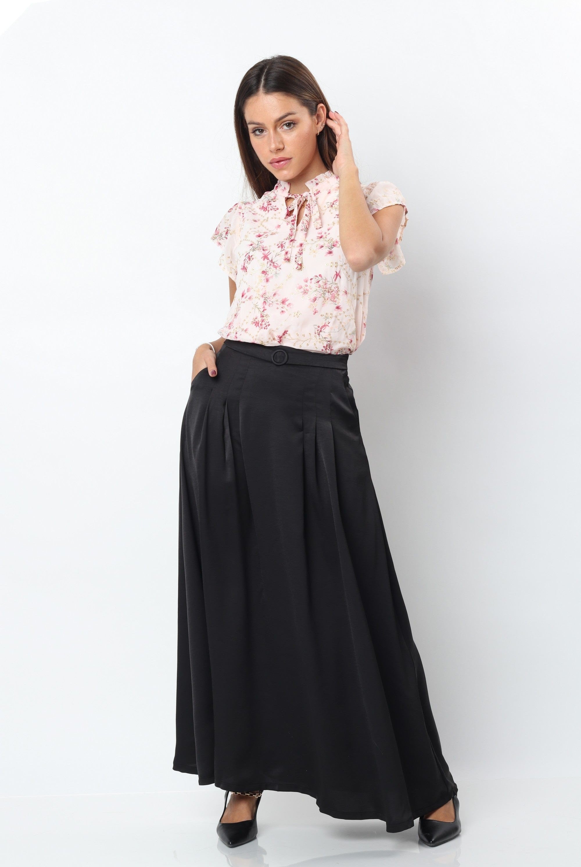 ميكا تنورة طويلة سادة كلوش بخصر مرتفع