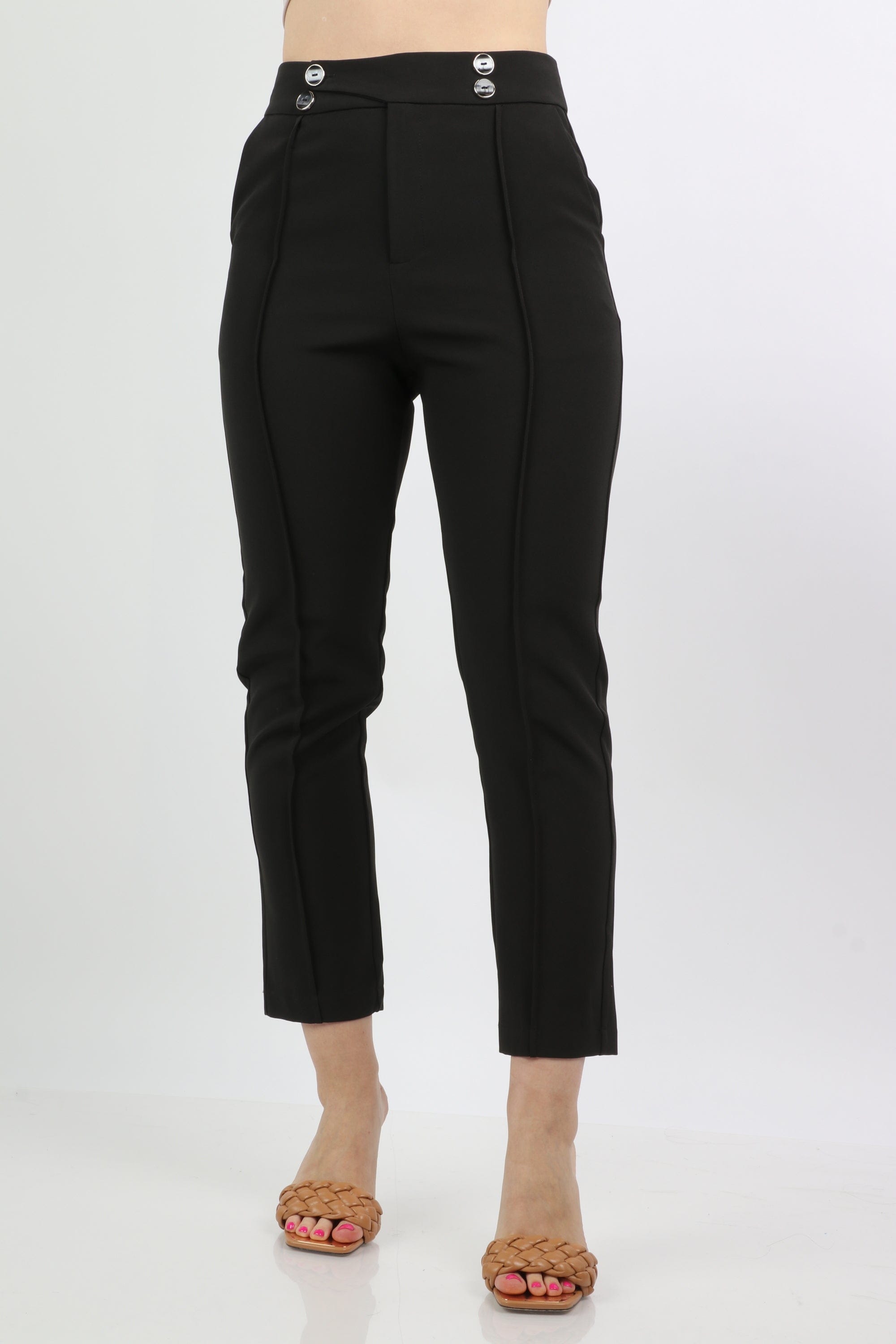 ميكا بنطلون كلاسيك سكيني هاي ويست بأزرار على الخصر وخطوط طويل نسائي