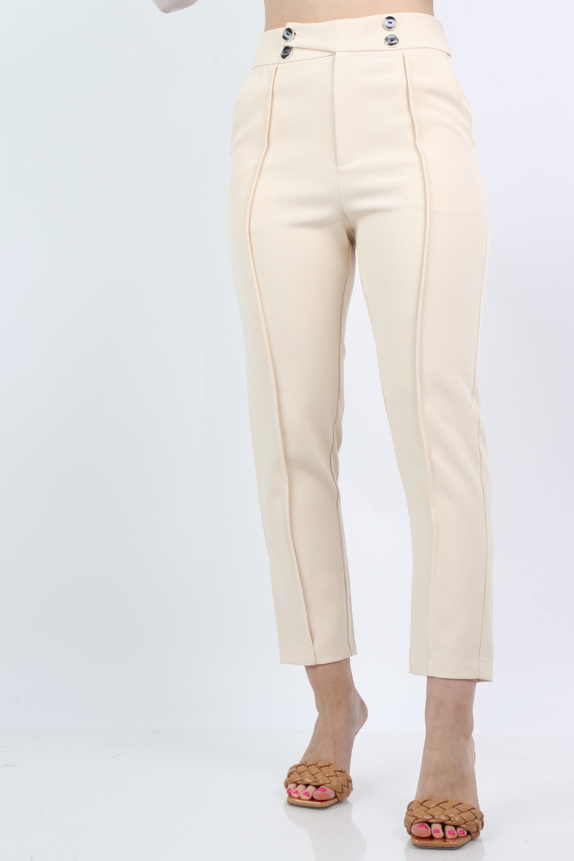 ميكا بنطلون كلاسيك سكيني هاي ويست بأزرار على الخصر وخطوط طويل نسائي