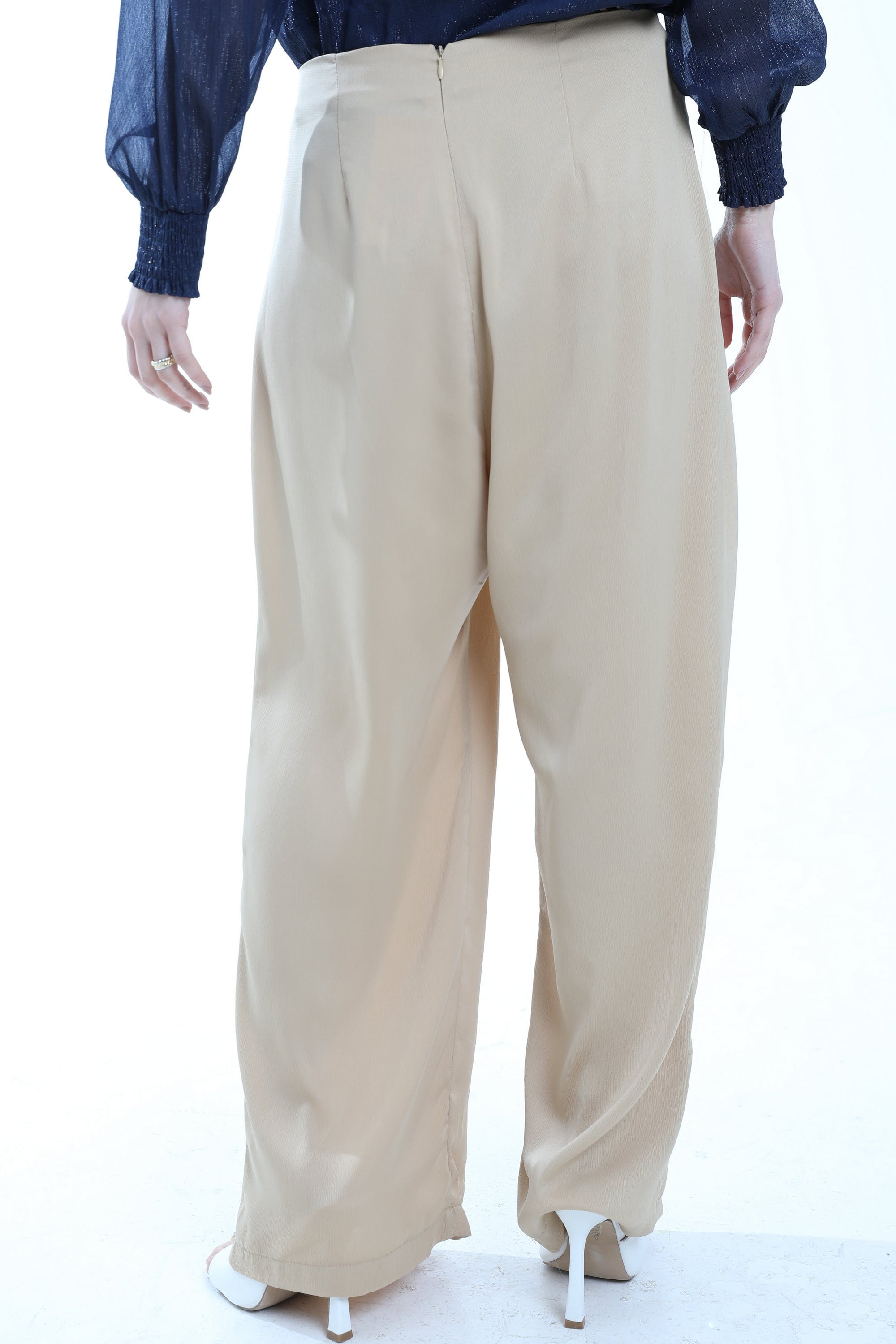 ميكا بنطلون طويل سادة خصر مرتفع واسع بكسرات نسائي