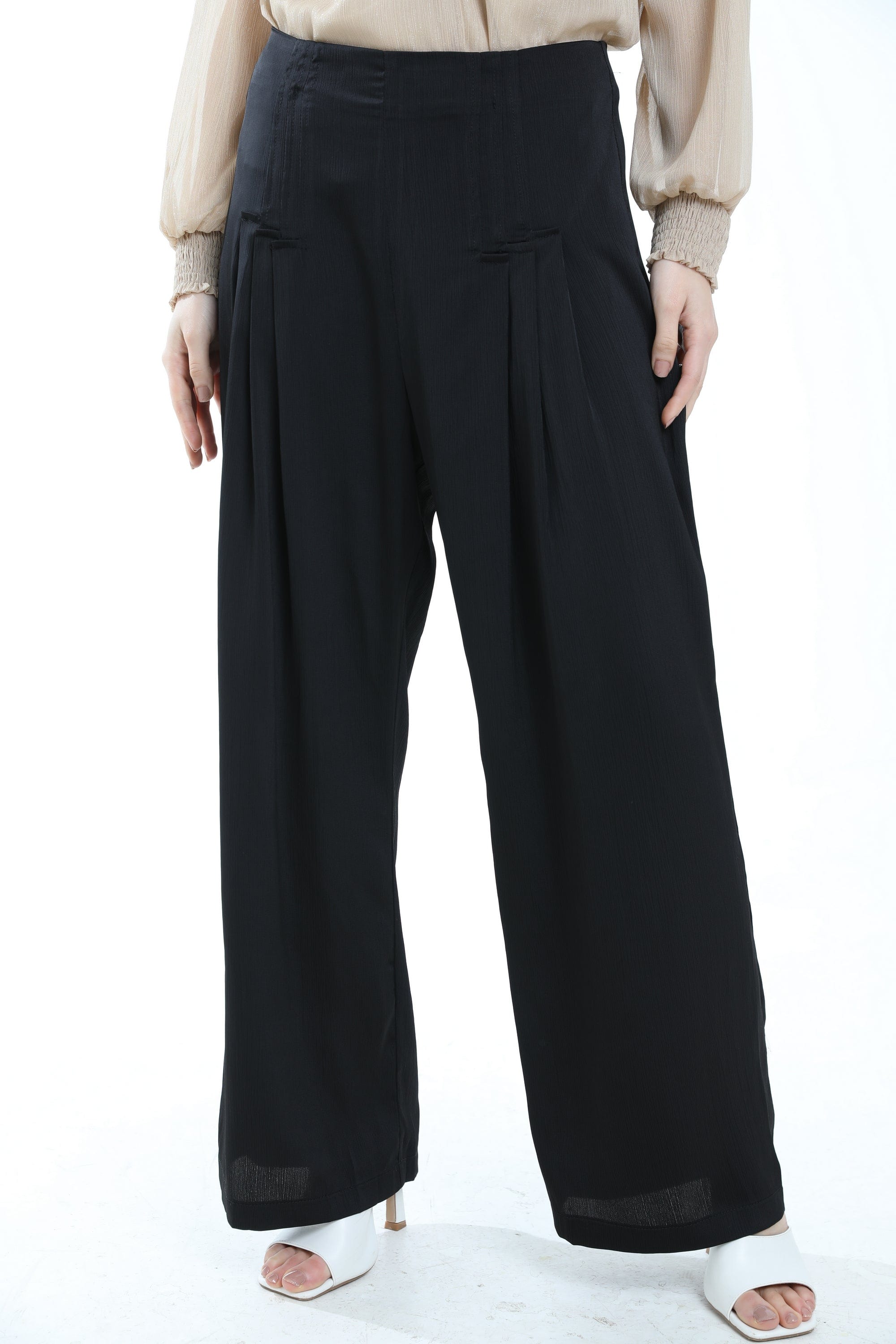 ميكا بنطلون طويل سادة خصر مرتفع واسع بكسرات نسائي