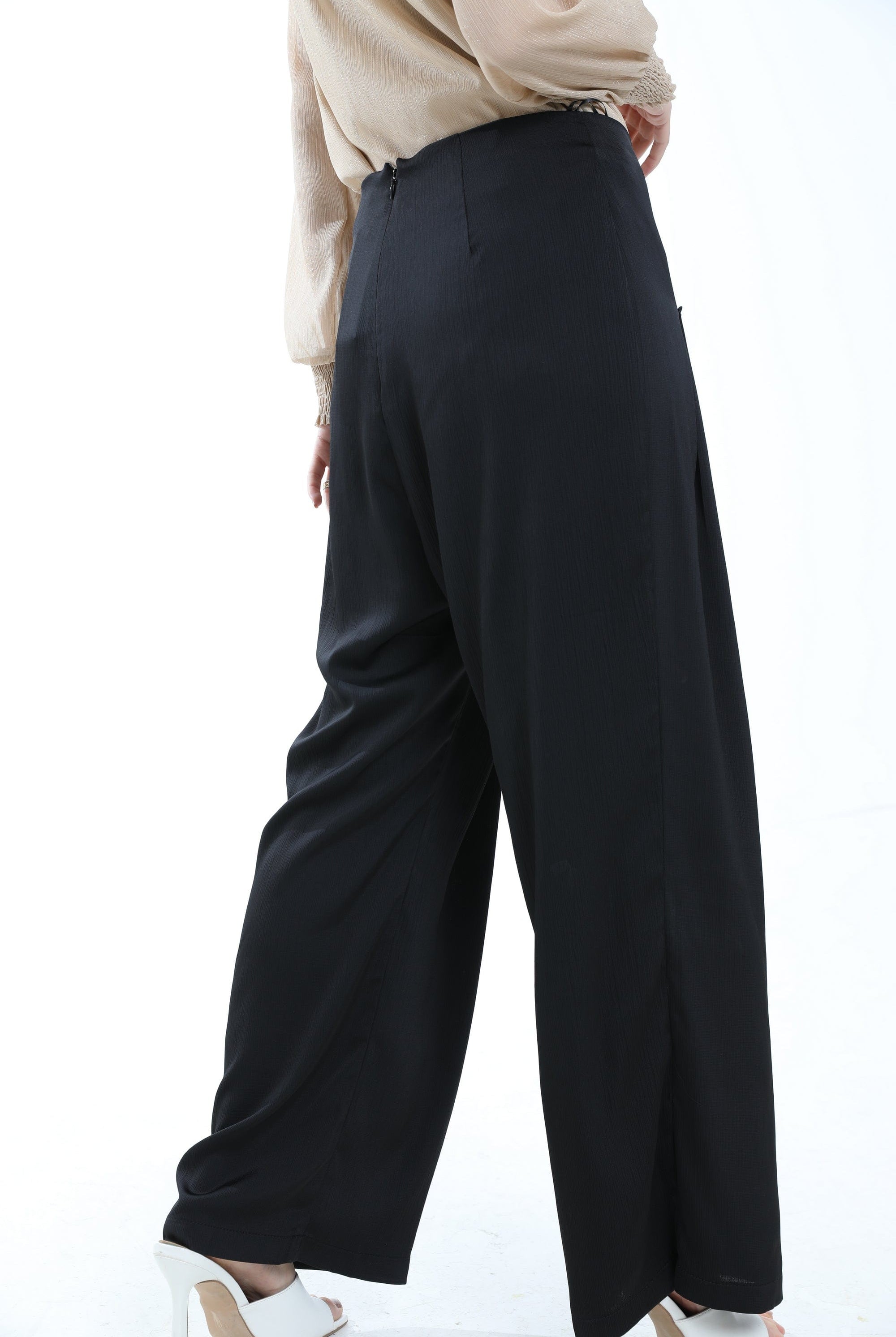 ميكا بنطلون طويل سادة خصر مرتفع واسع بكسرات نسائي