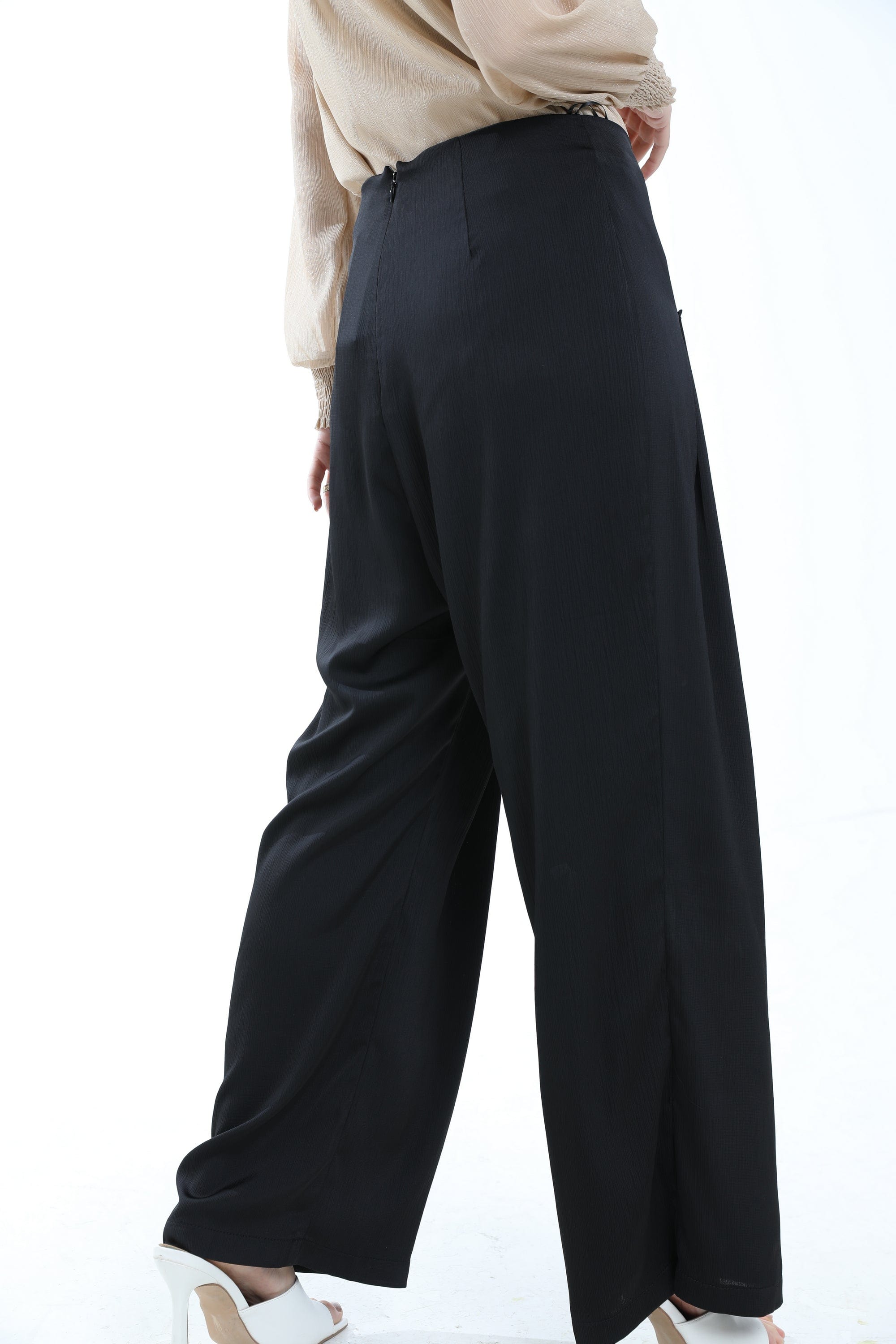 ميكا بنطلون طويل سادة خصر مرتفع واسع بكسرات نسائي