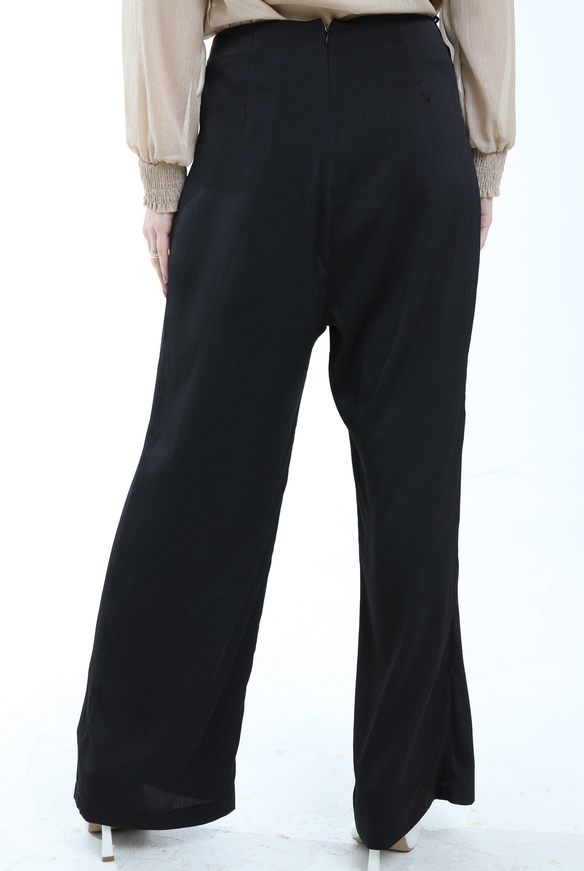 ميكا بنطلون طويل سادة خصر مرتفع واسع بكسرات نسائي