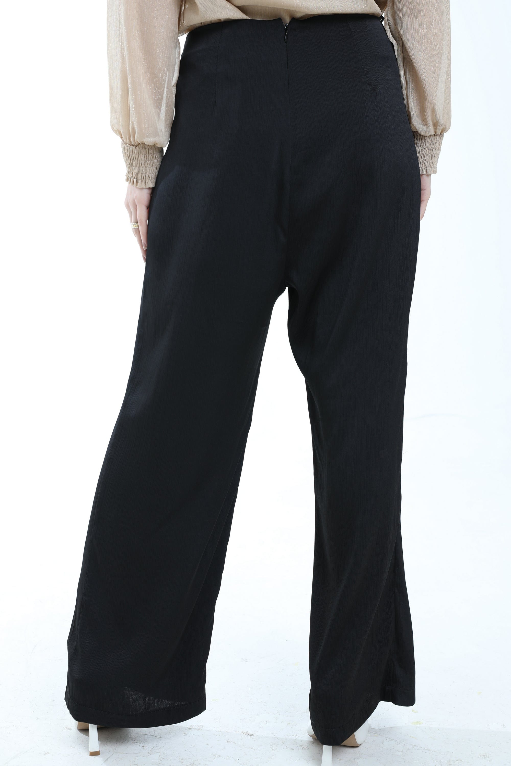 ميكا بنطلون طويل سادة خصر مرتفع واسع بكسرات نسائي