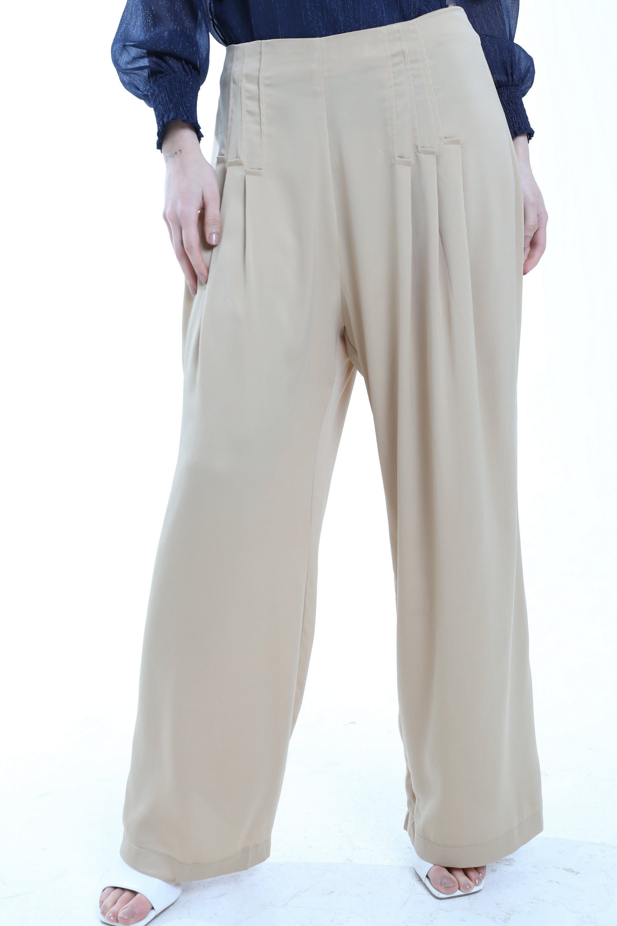 ميكا بنطلون طويل سادة خصر مرتفع واسع بكسرات نسائي