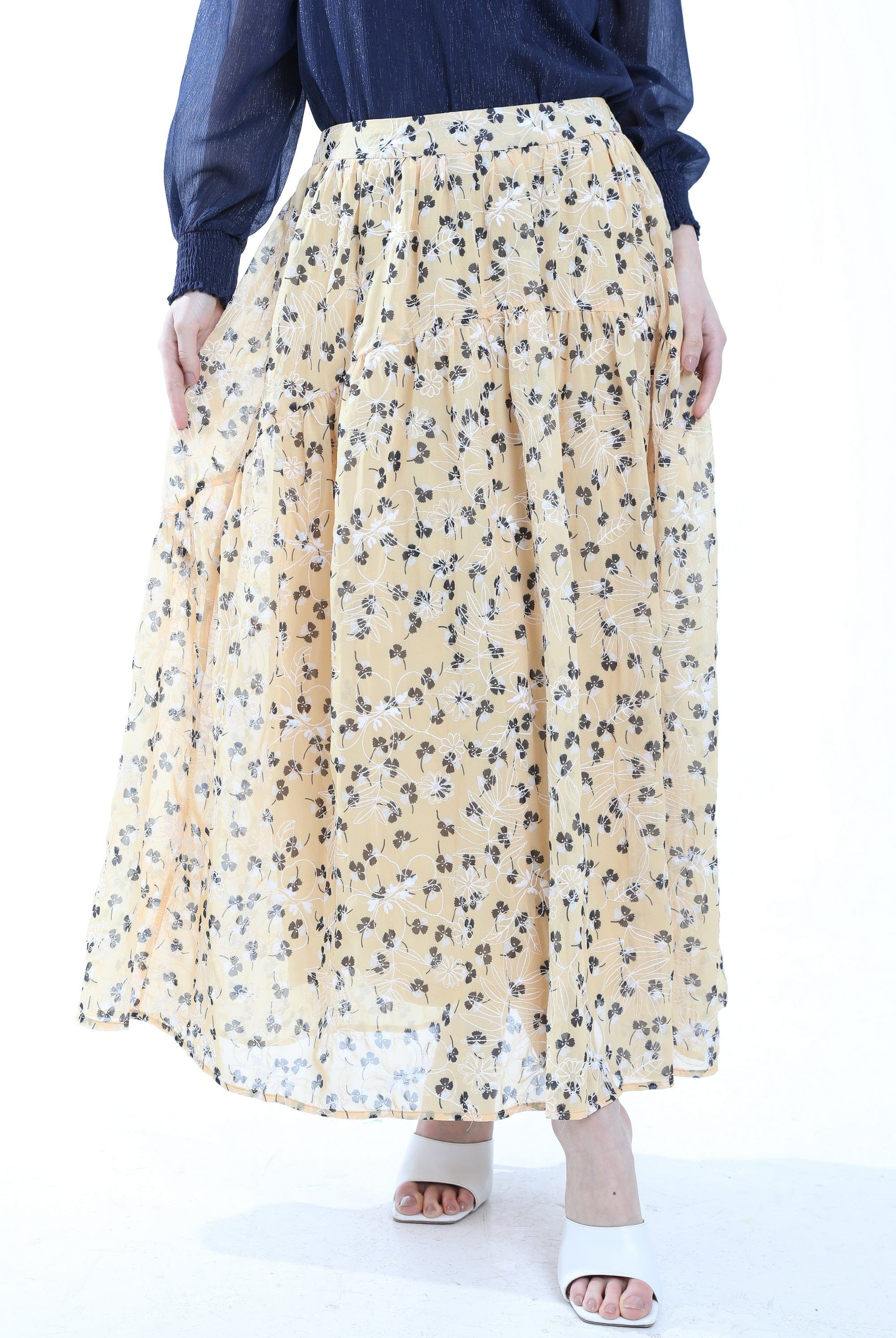 ميكا تنورة ميدي مشجرة واسعة كلوش نسائي أصفر باستل