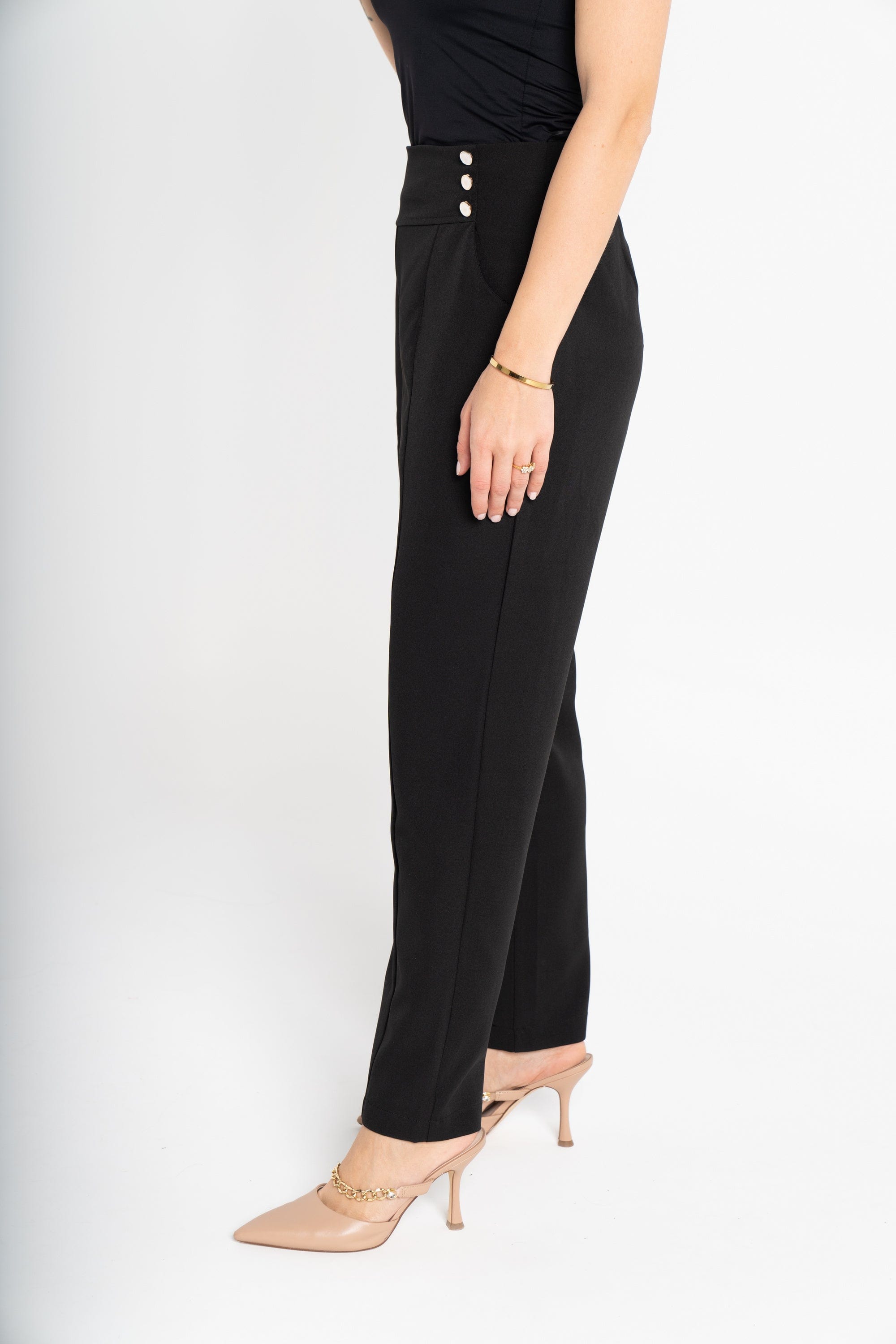 ميكا بنطلون سادة خصر مرتفع بأزرار أمامية نسائي