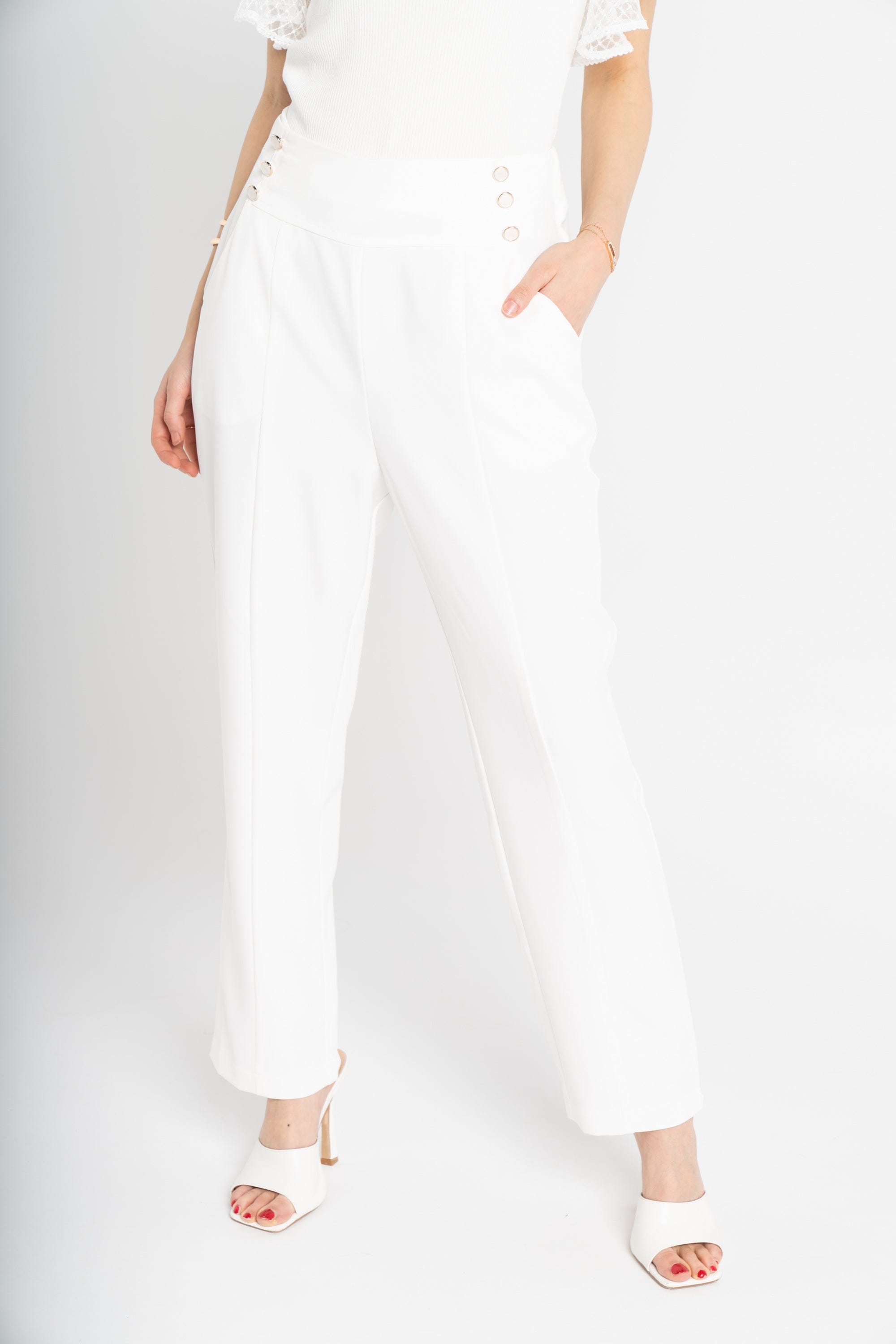 ميكا بنطلون سادة خصر مرتفع بأزرار أمامية نسائي