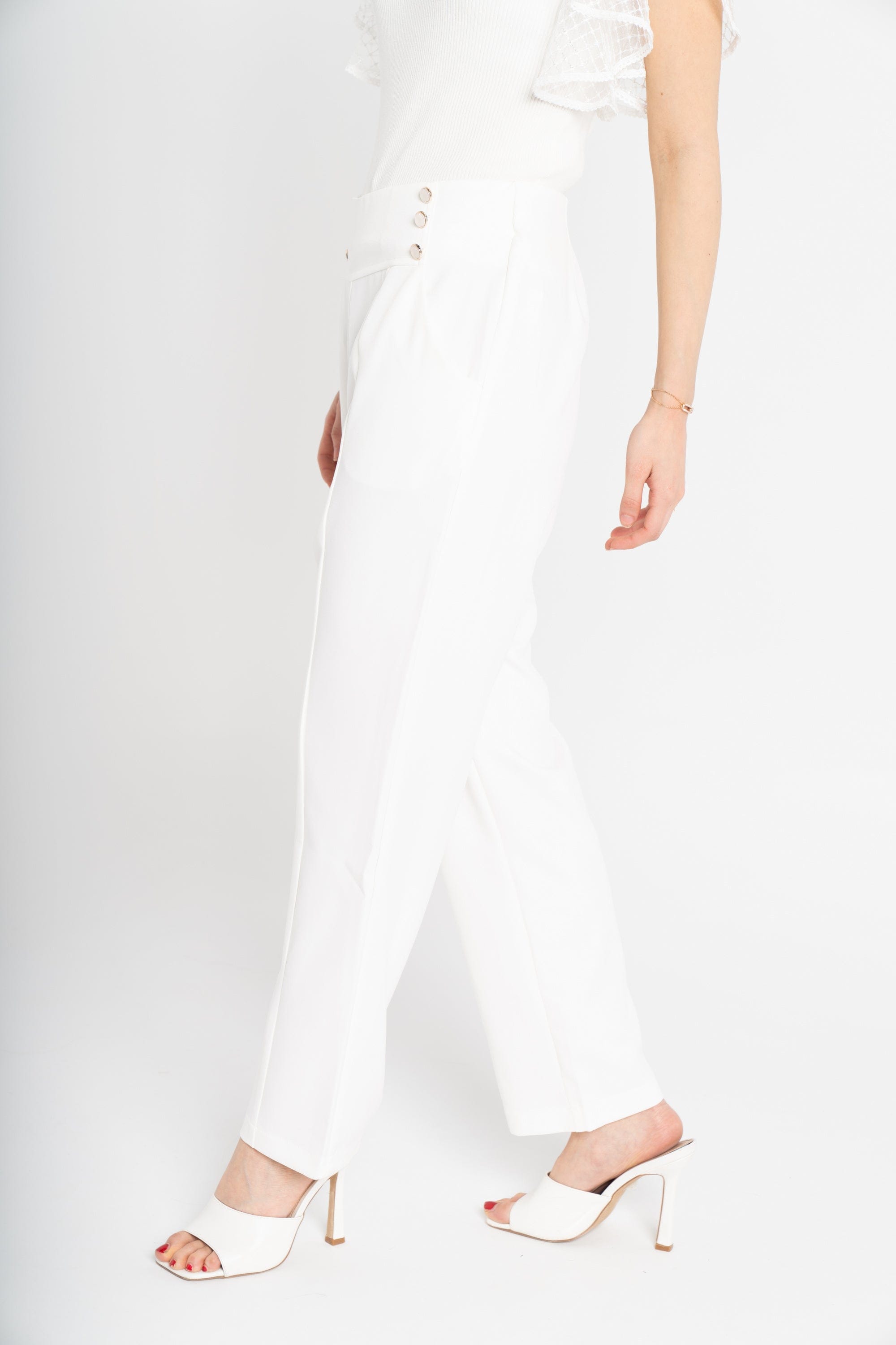 ميكا بنطلون سادة خصر مرتفع بأزرار أمامية نسائي