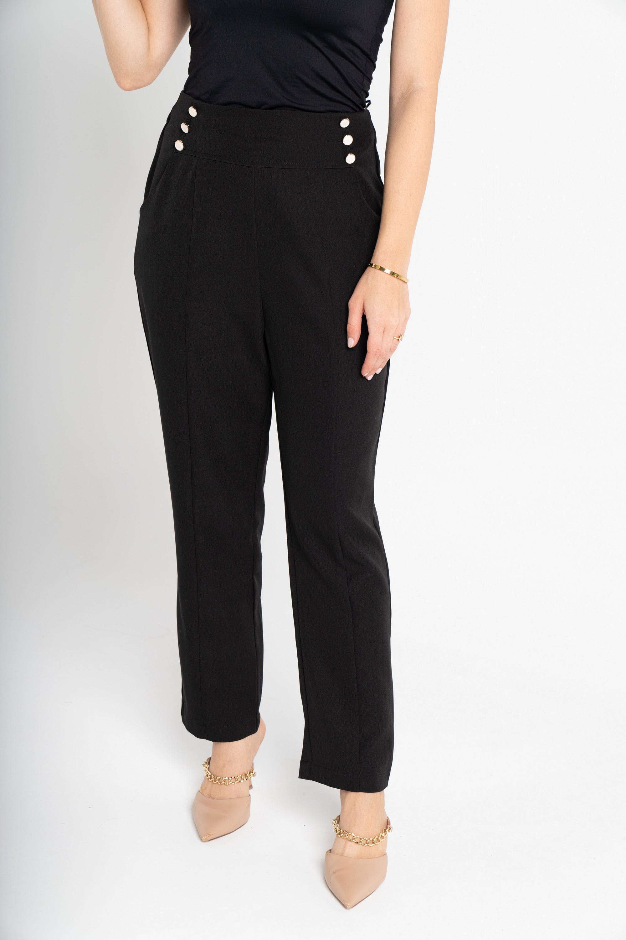 ميكا بنطلون سادة خصر مرتفع بأزرار أمامية نسائي