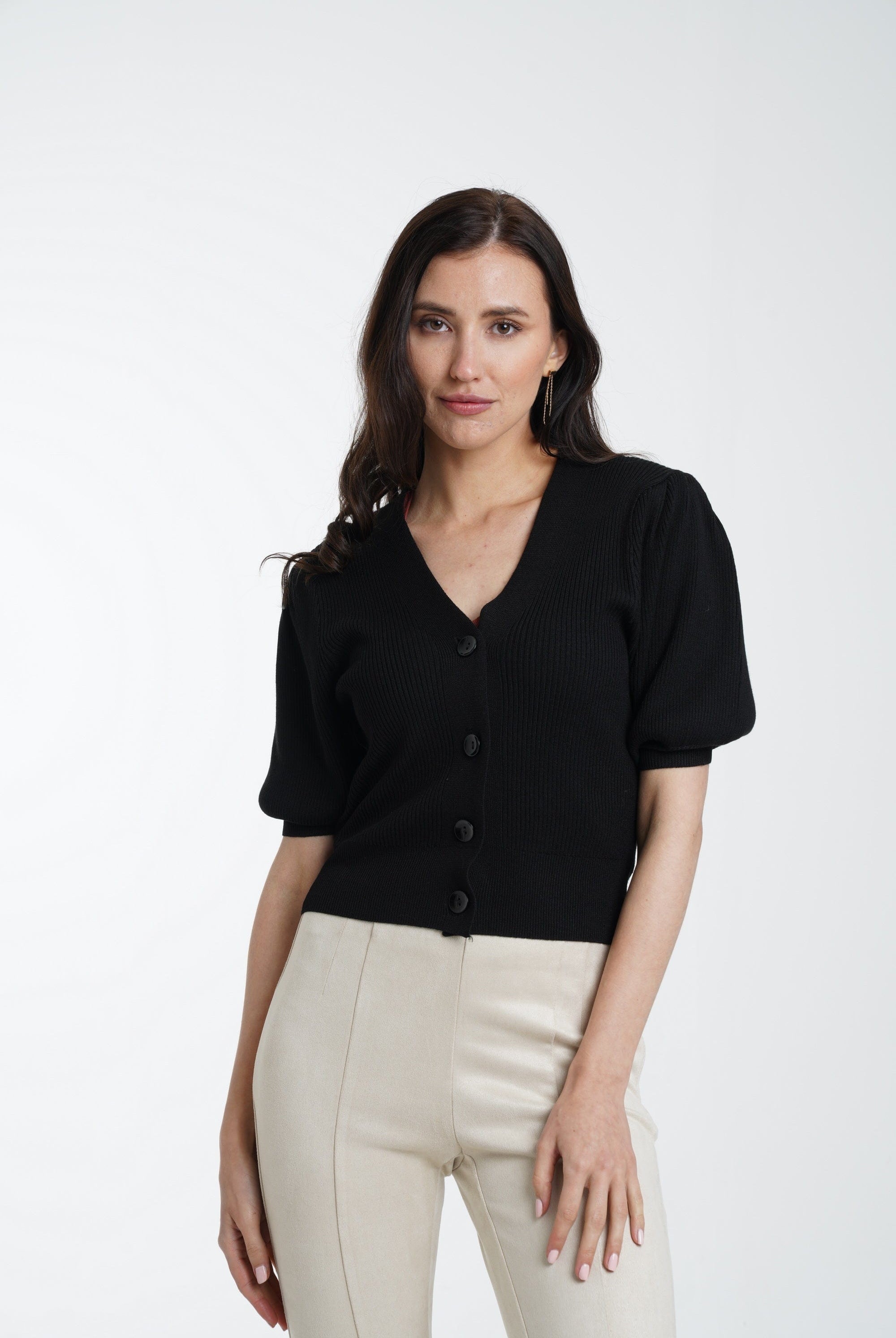 ميكا توب قصير مضلع بأزرار أمامية نص كم نسائي