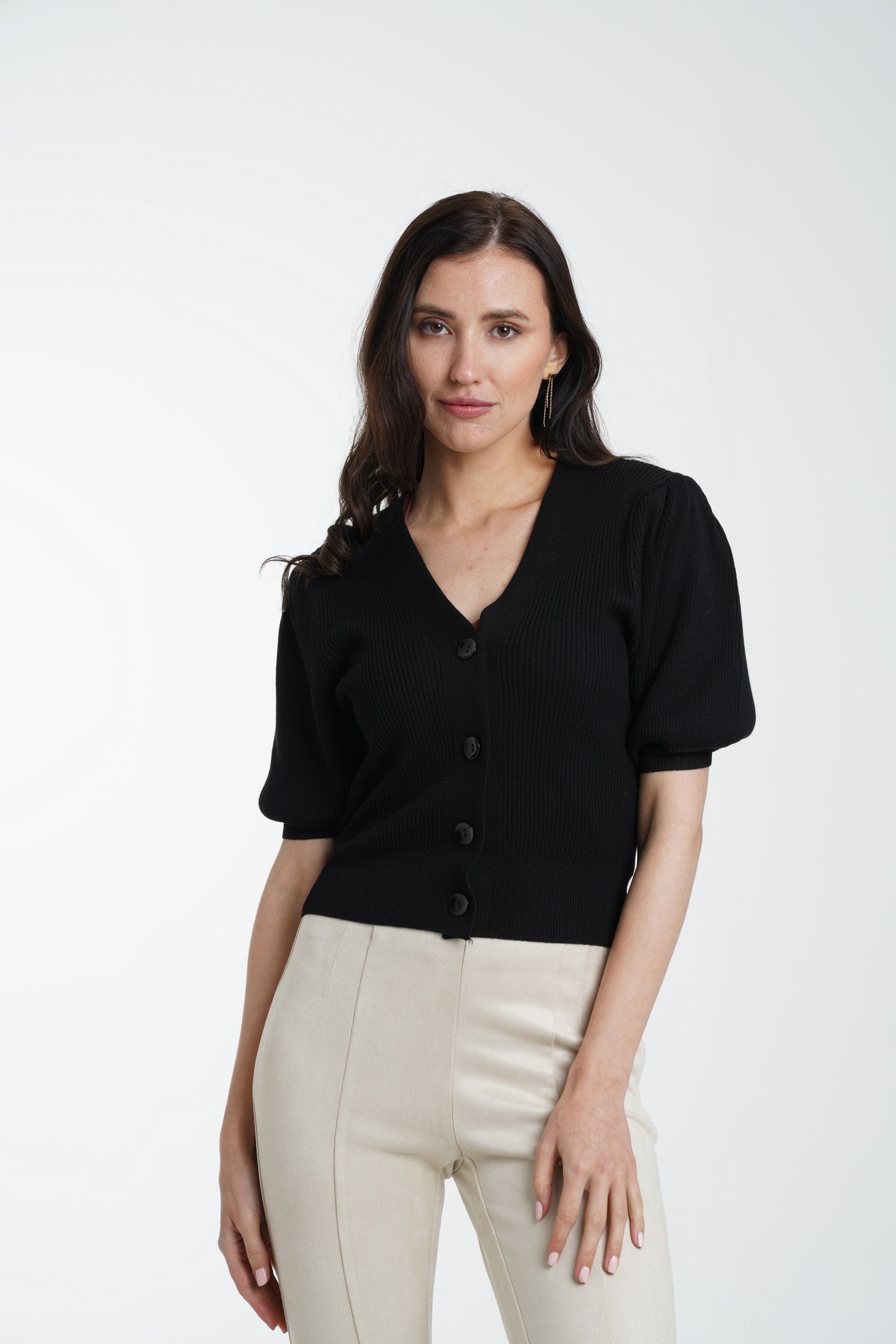 ميكا توب قصير مضلع بأزرار أمامية نص كم نسائي