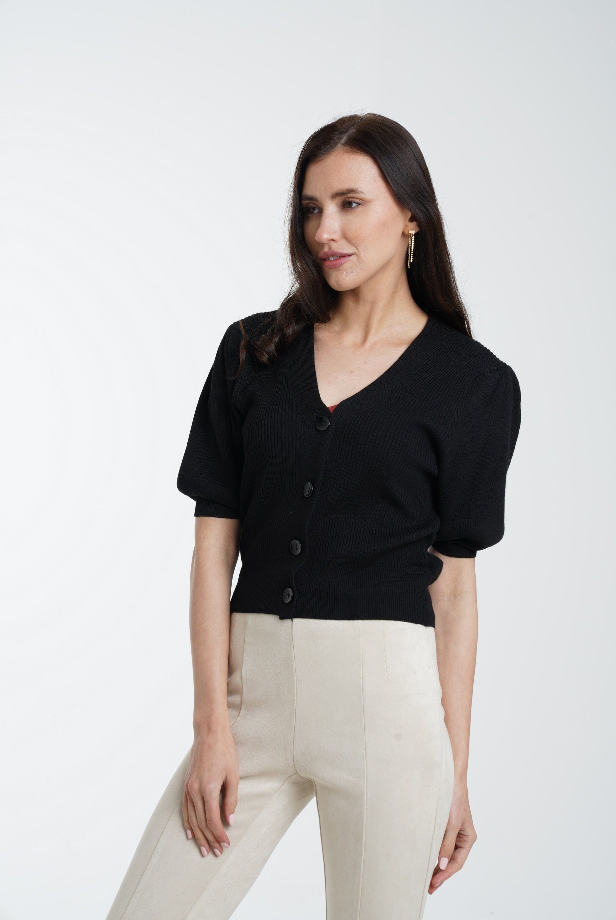 ميكا توب قصير مضلع بأزرار أمامية نص كم نسائي