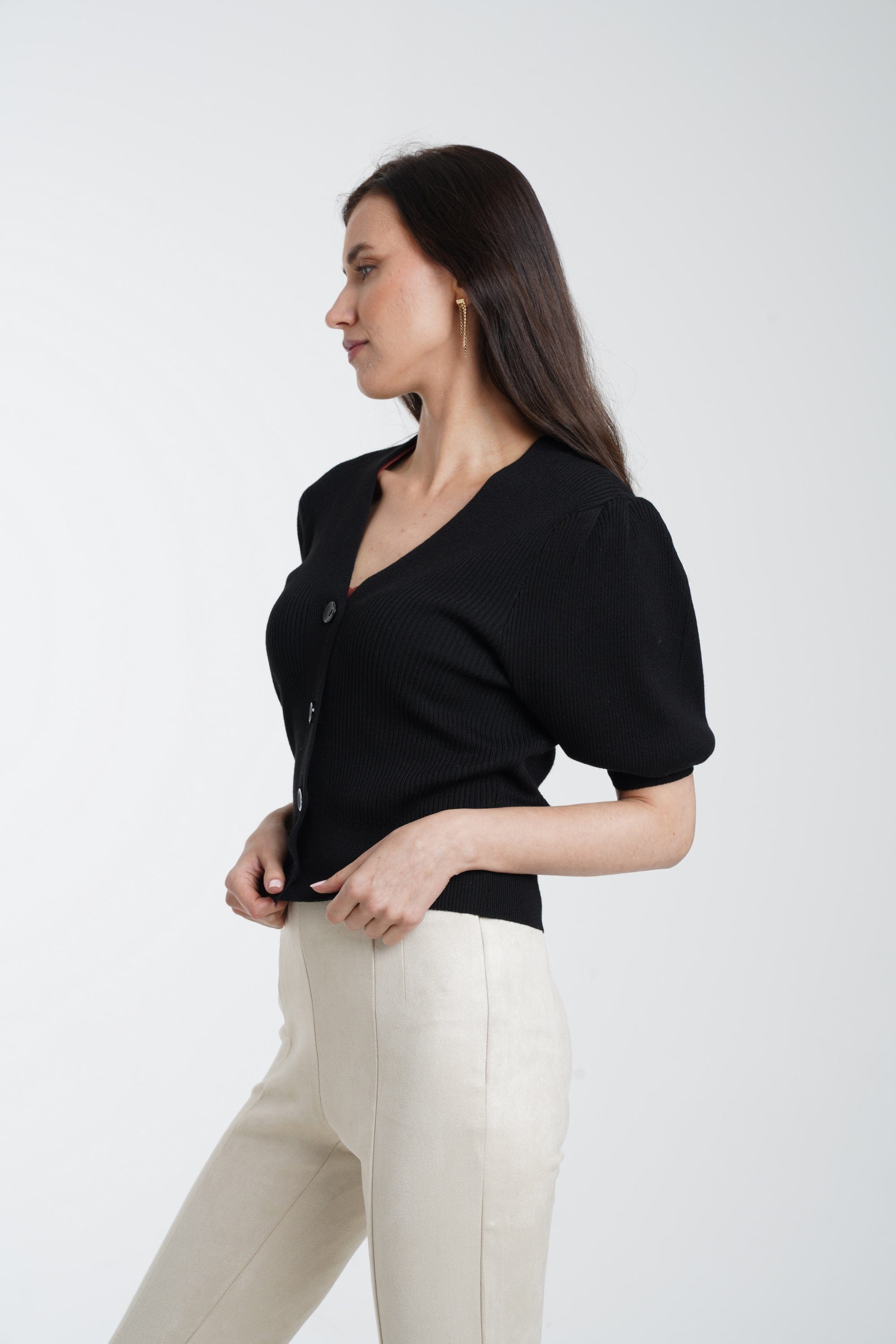 ميكا توب قصير مضلع بأزرار أمامية نص كم نسائي