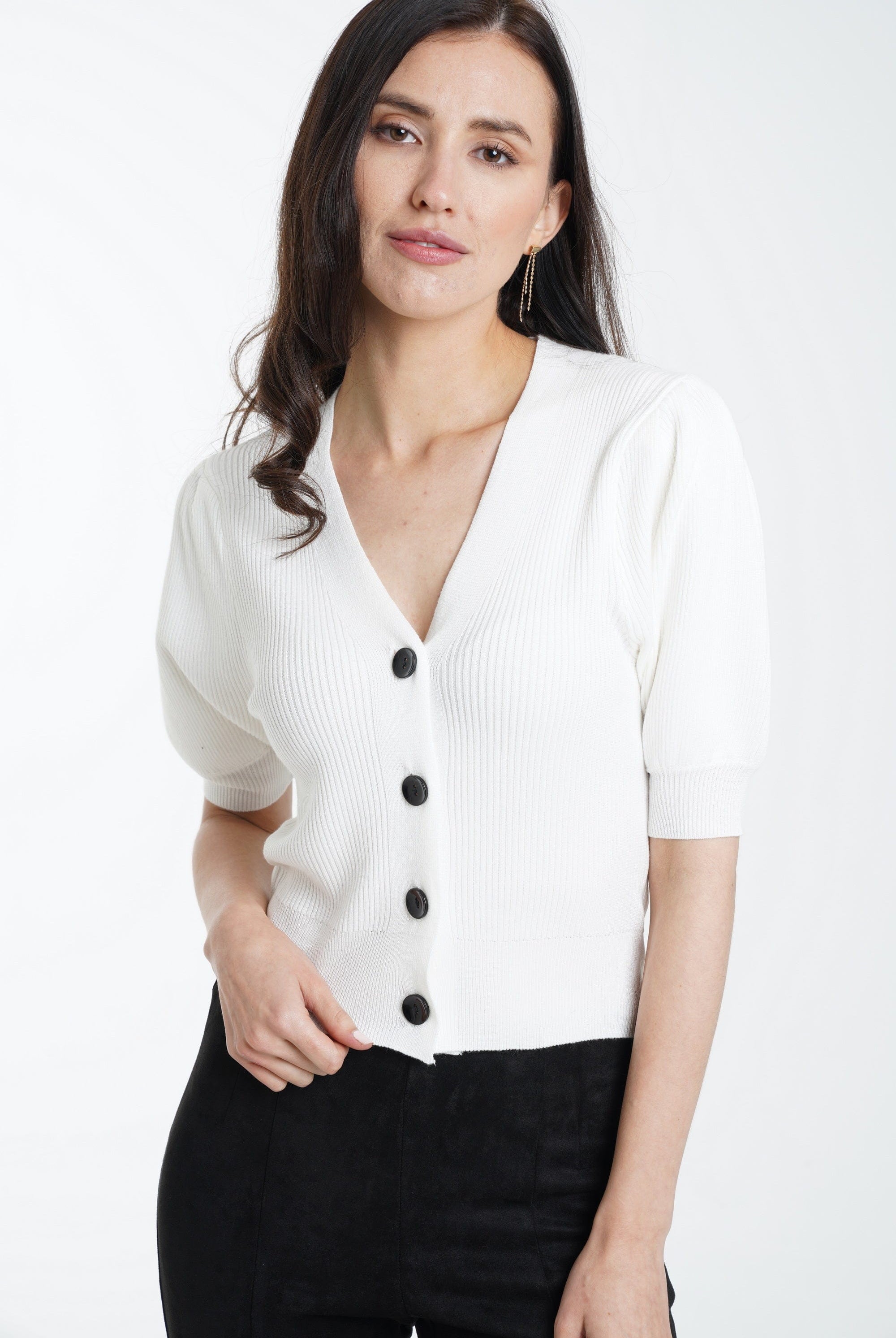 ميكا توب قصير مضلع بأزرار أمامية نص كم نسائي