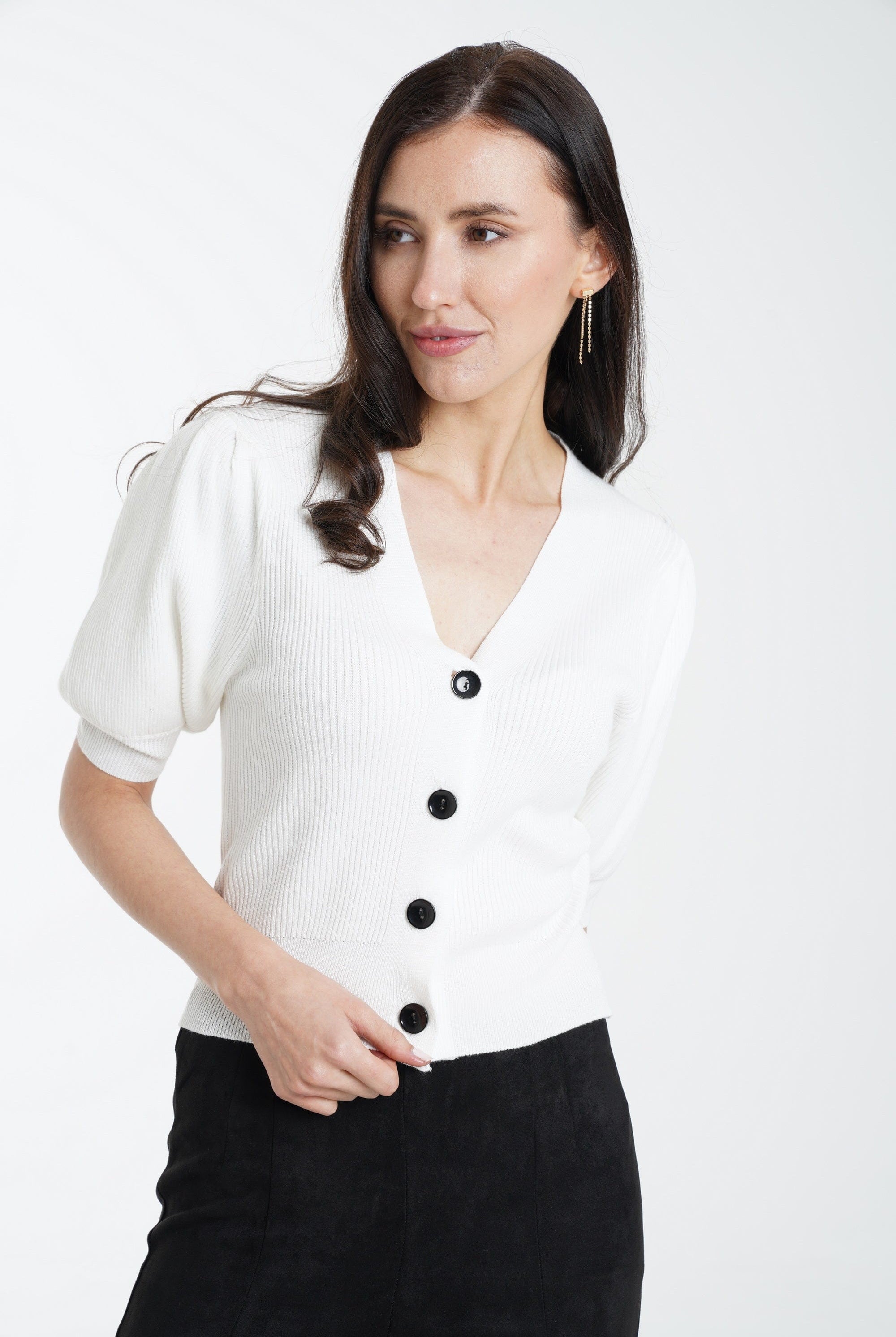 ميكا توب قصير مضلع بأزرار أمامية نص كم نسائي