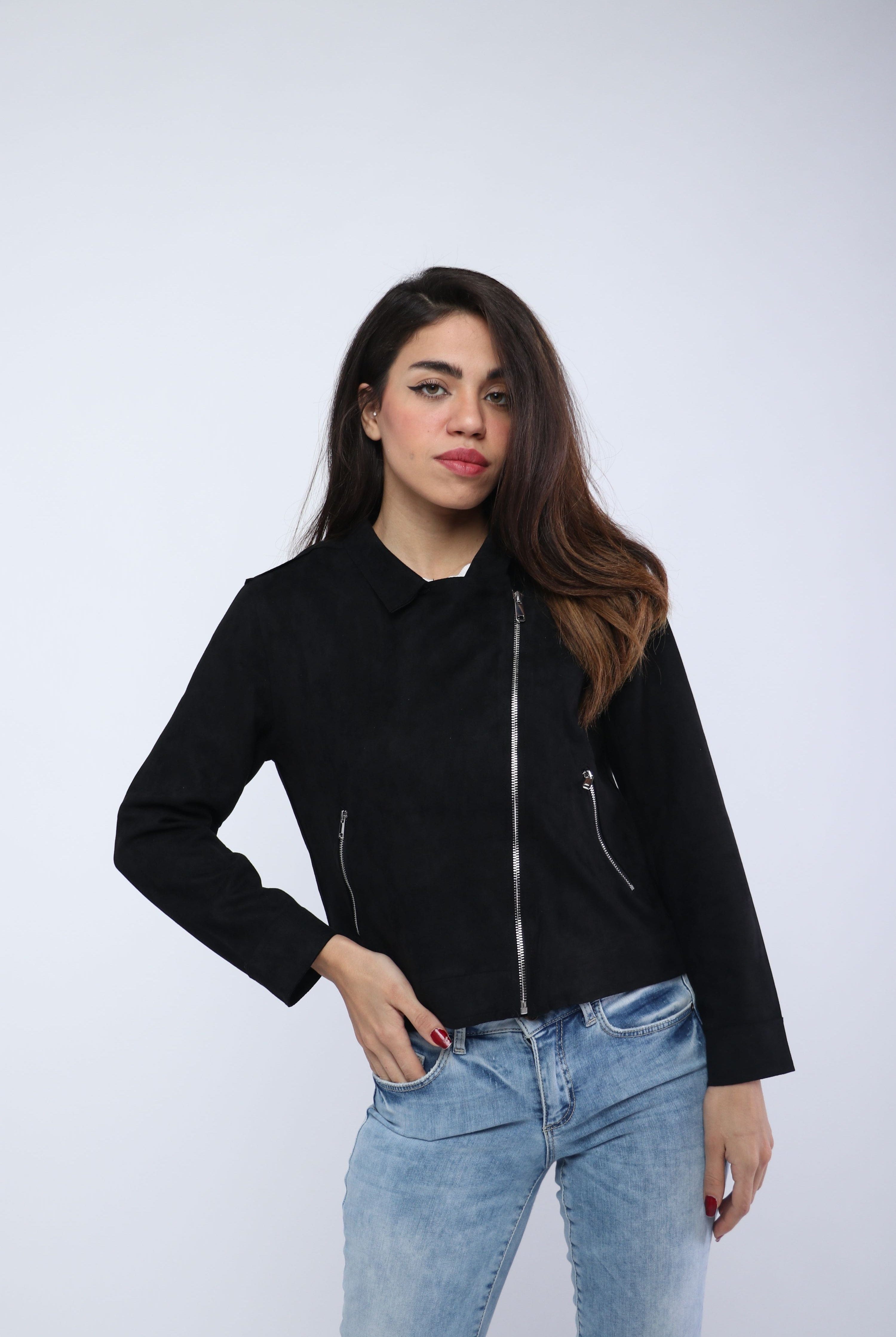 ميكا سترة سادة قصيرة بسحابات بأكمام طويلة