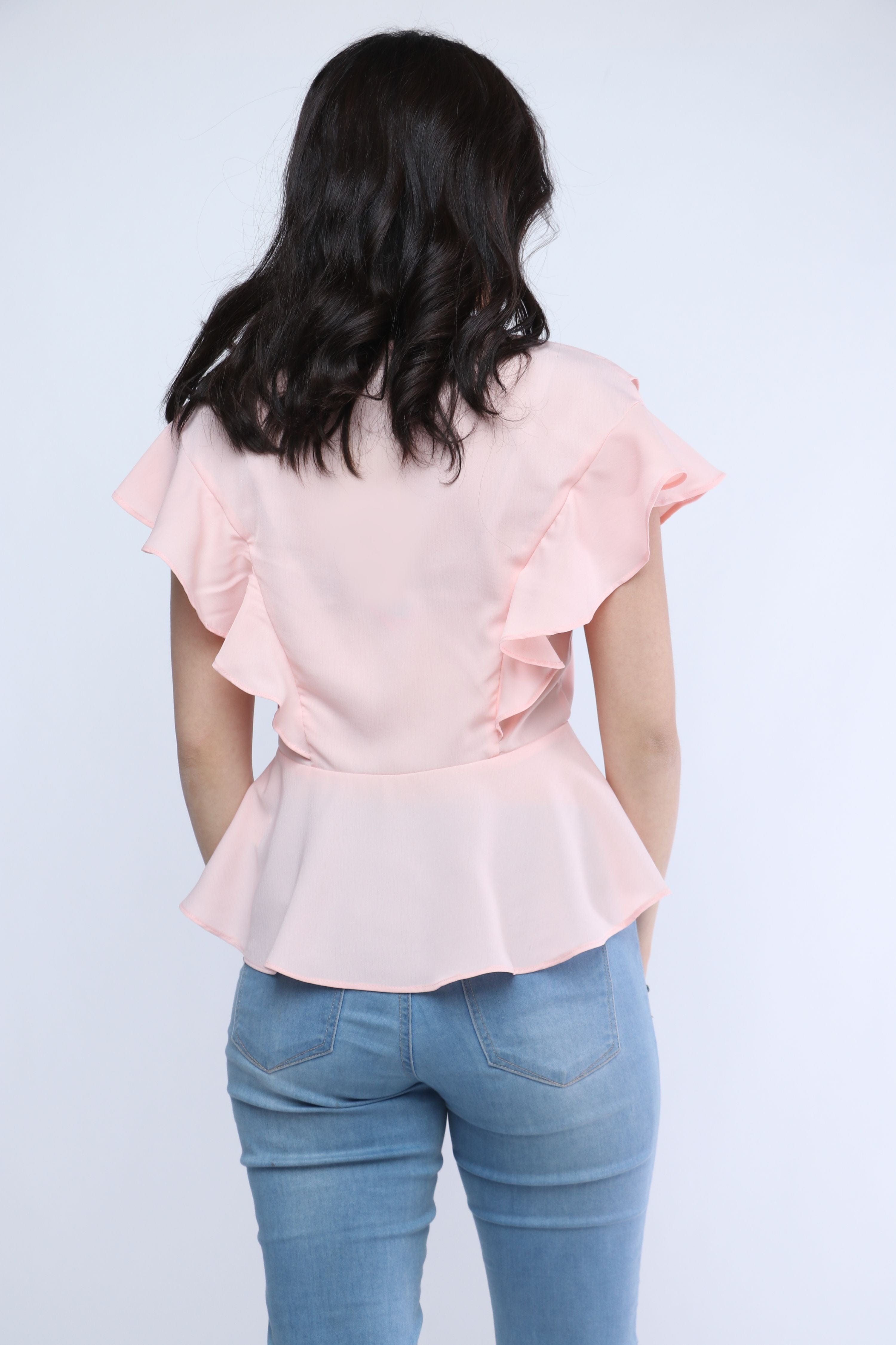 ميكا بلوزة بأكمام قصيرة فراشة مزموم من الخصر