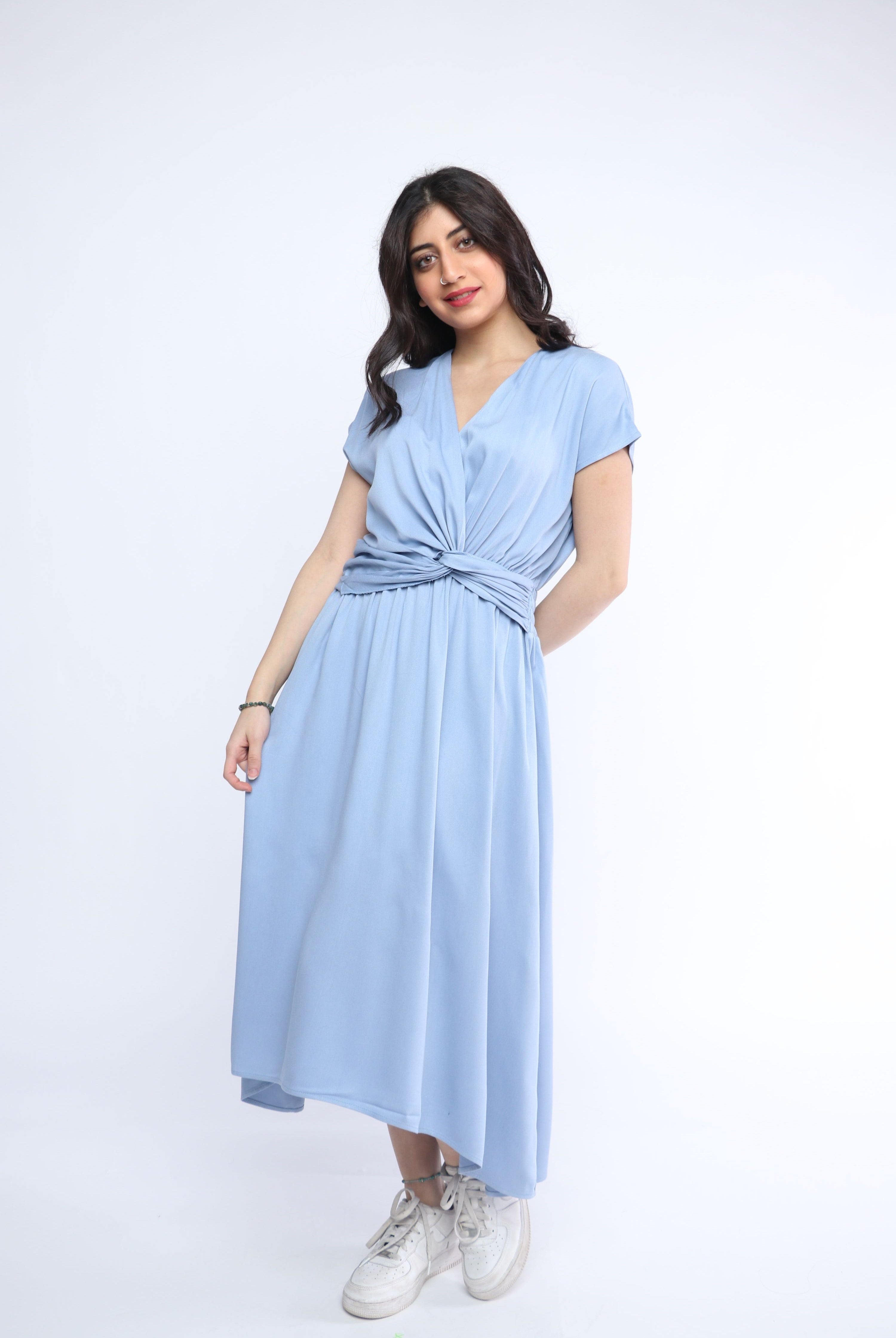 ميكا فستان ميدي بأكمام قصيرة لف بخصر مطاطي