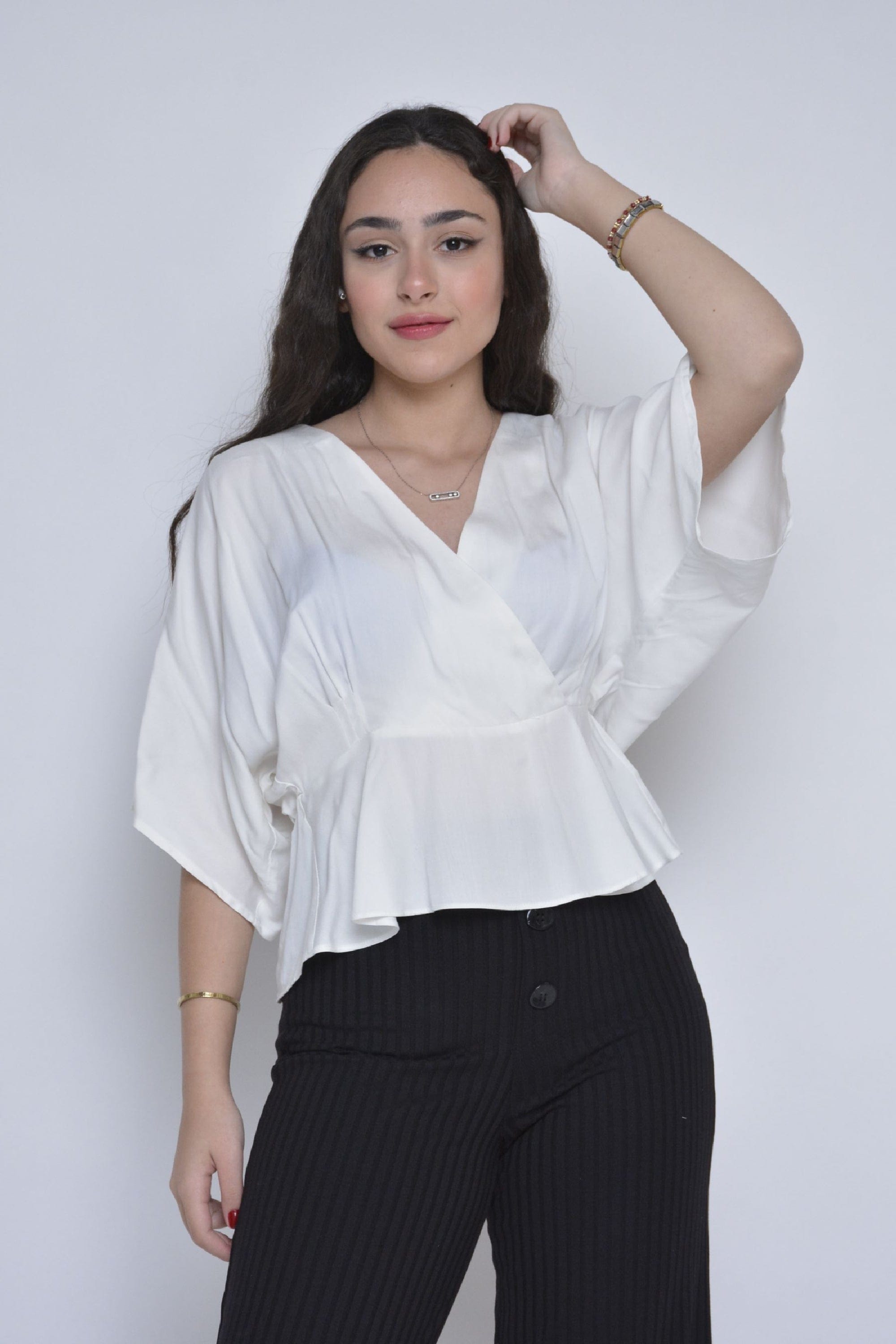 ميكا بلوزة واسعة ملفوفة بخصر 3/4 كم واسع نسائي