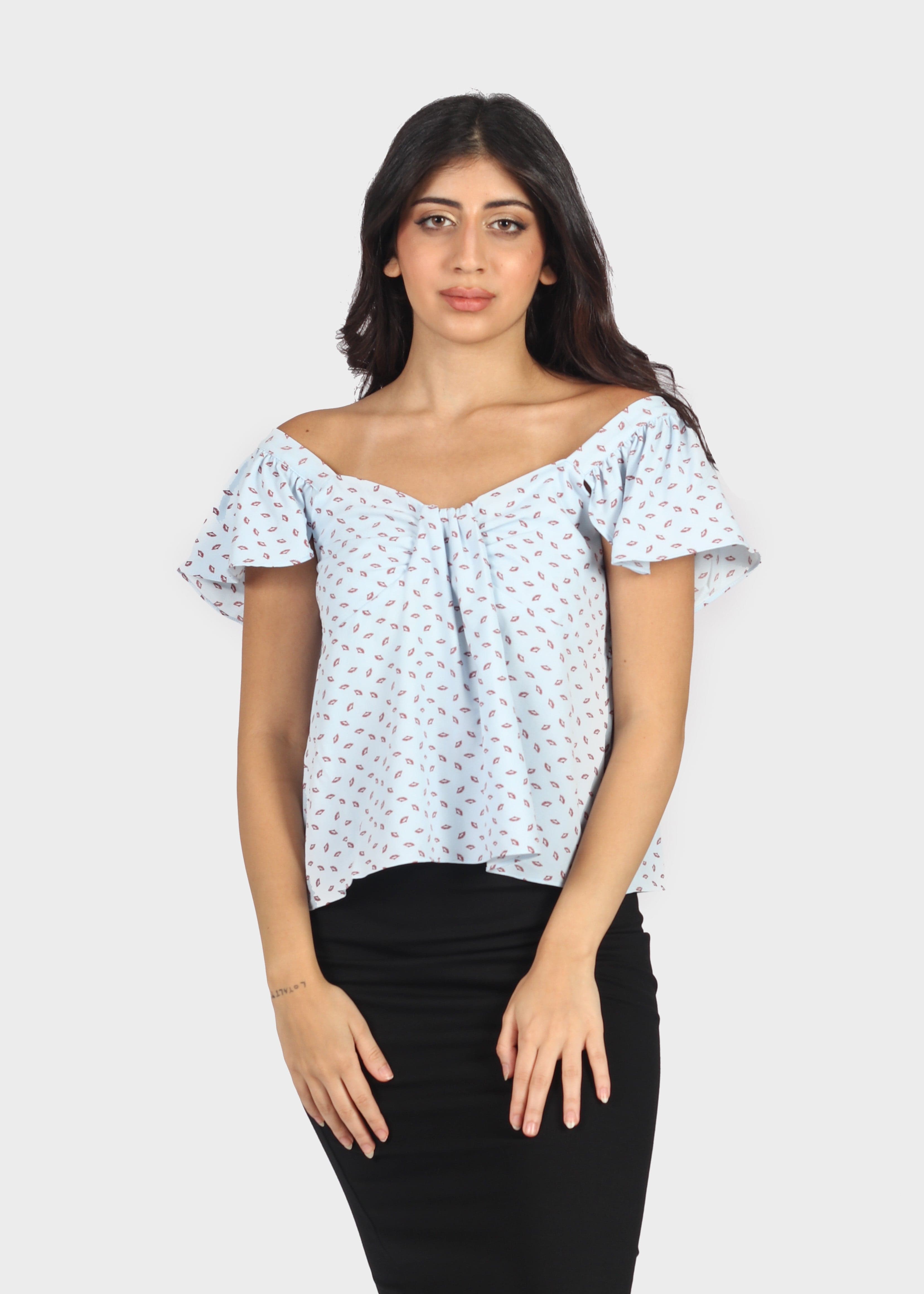 ميكا بلوزة منقوشة أوف شولدر كم قصير نسائي